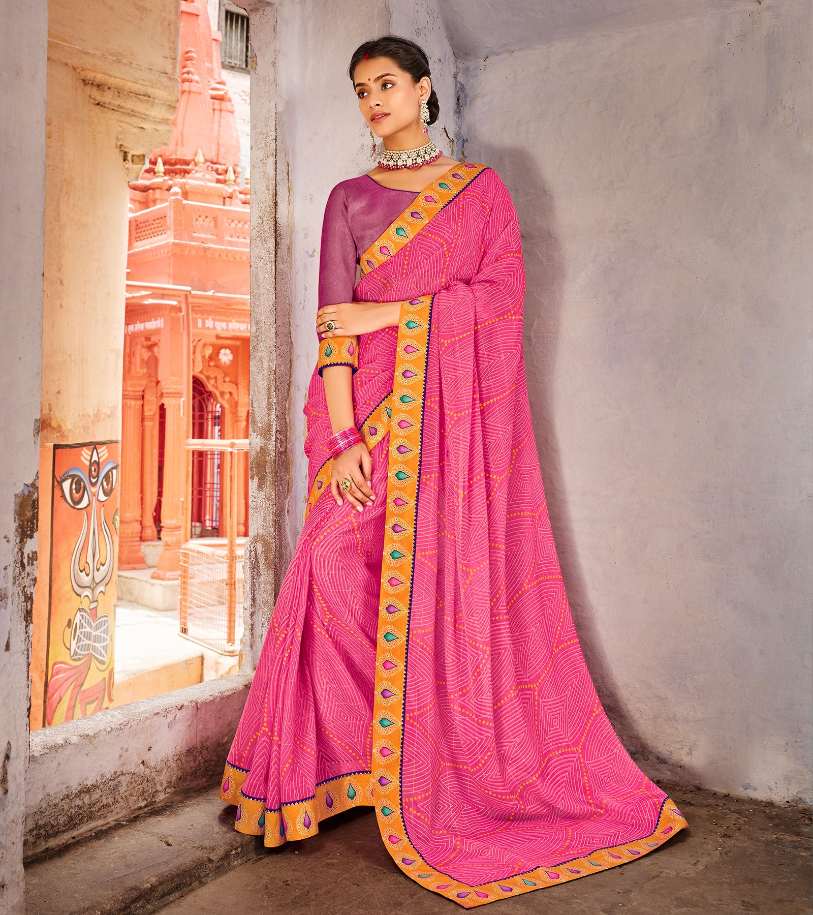 Laxmipati Chiffon Pink Saree