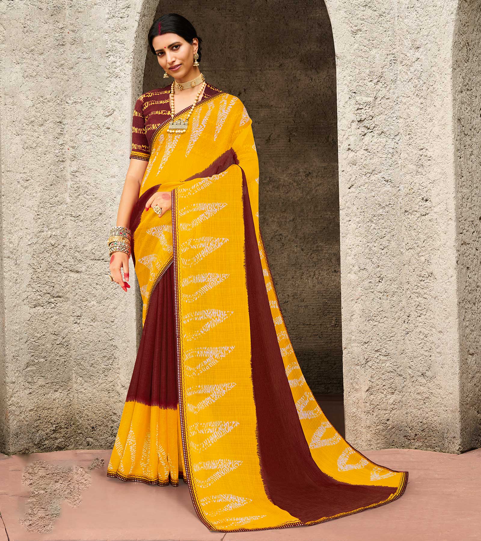Laxmipati chiffon Yellow, Brown Sarees