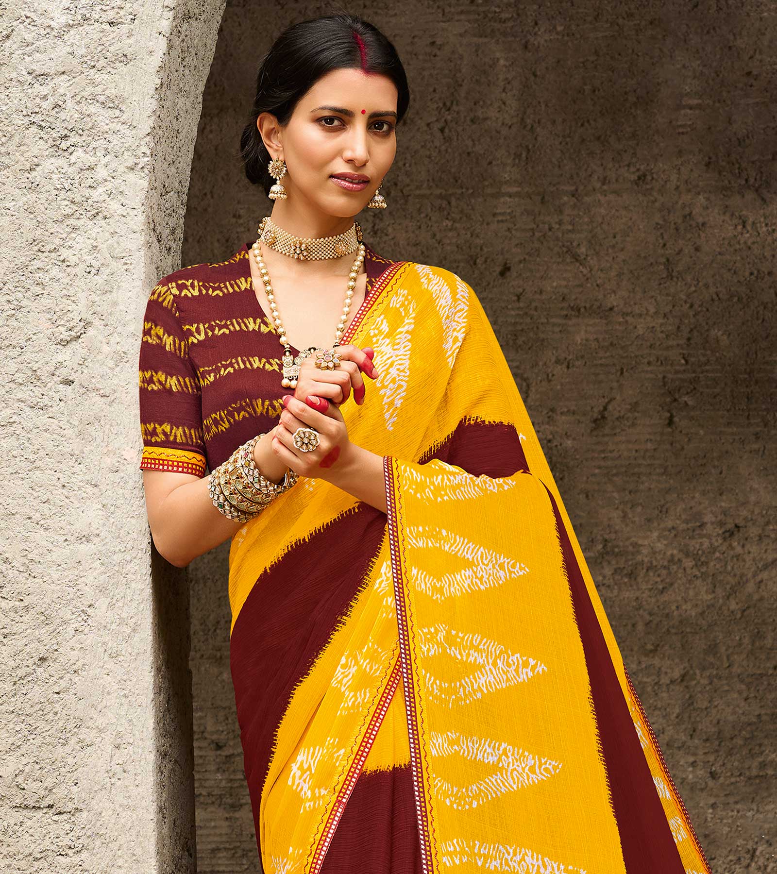 Laxmipati chiffon Yellow, Brown Sarees