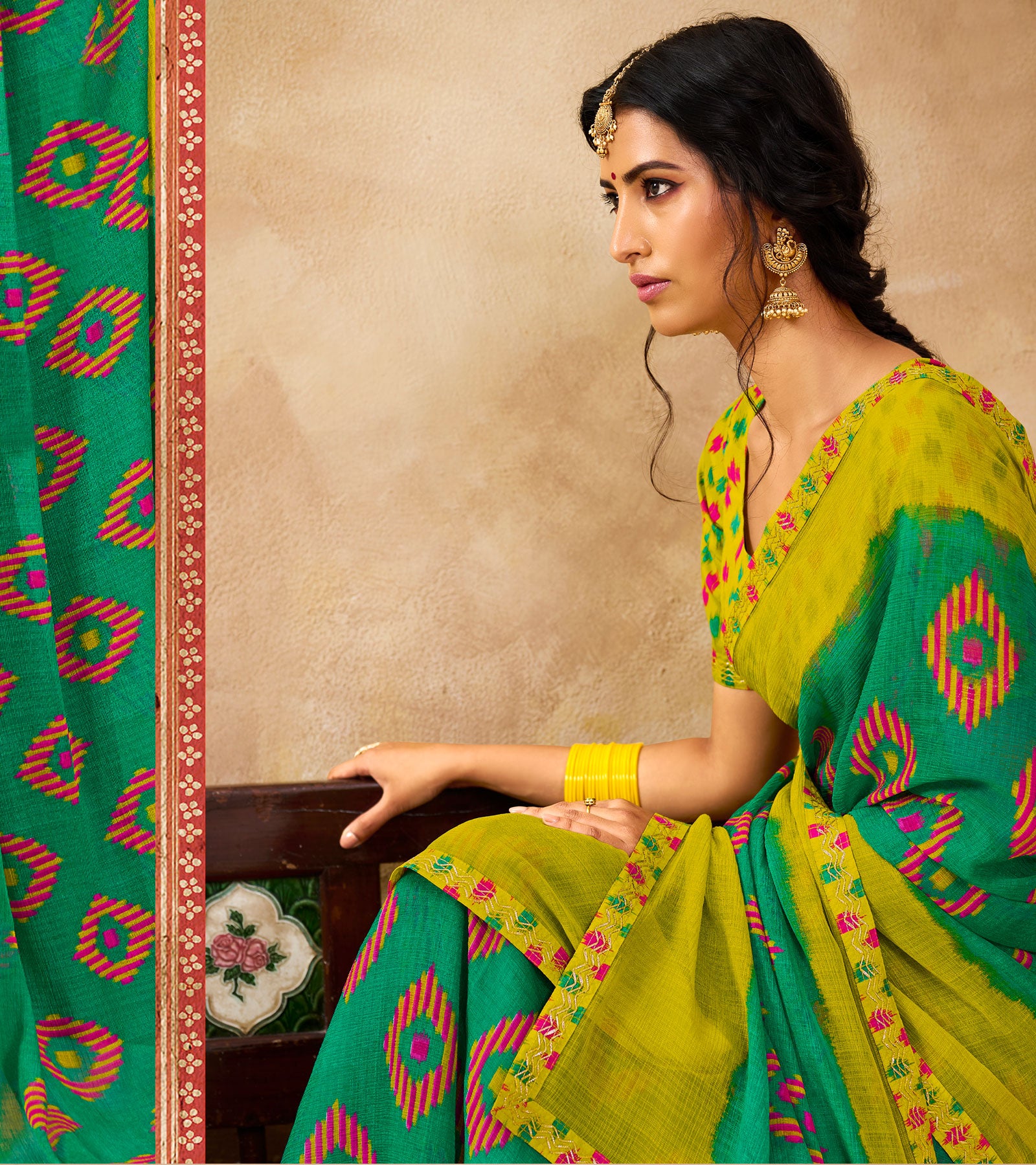 Laxmipati Chiffon Green & Yellow Saree