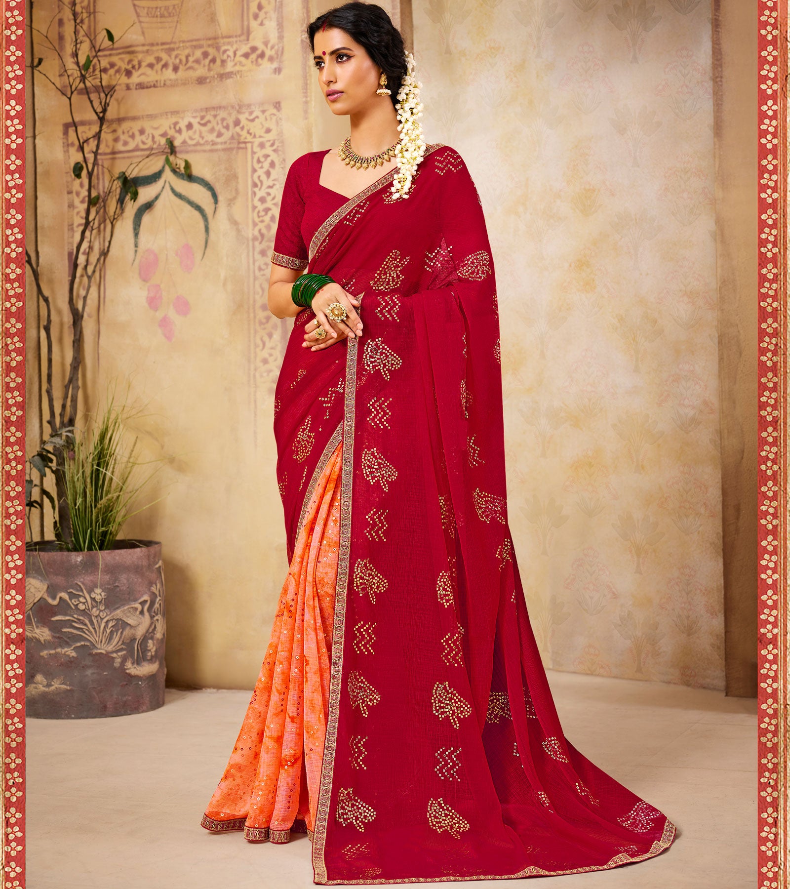 Laxmipati chiffon Red & Orange Saree