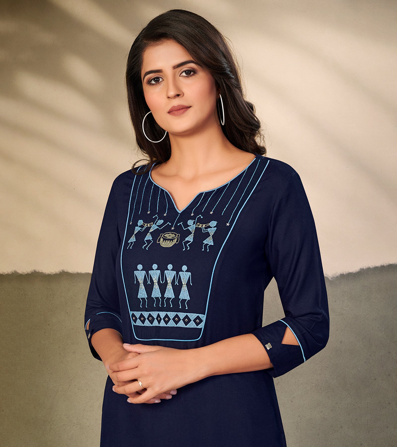 Laxmipati Cotton Navy Blue Elegant Straight cut Kurti with Warli Motifs Emb Yoke and Mask