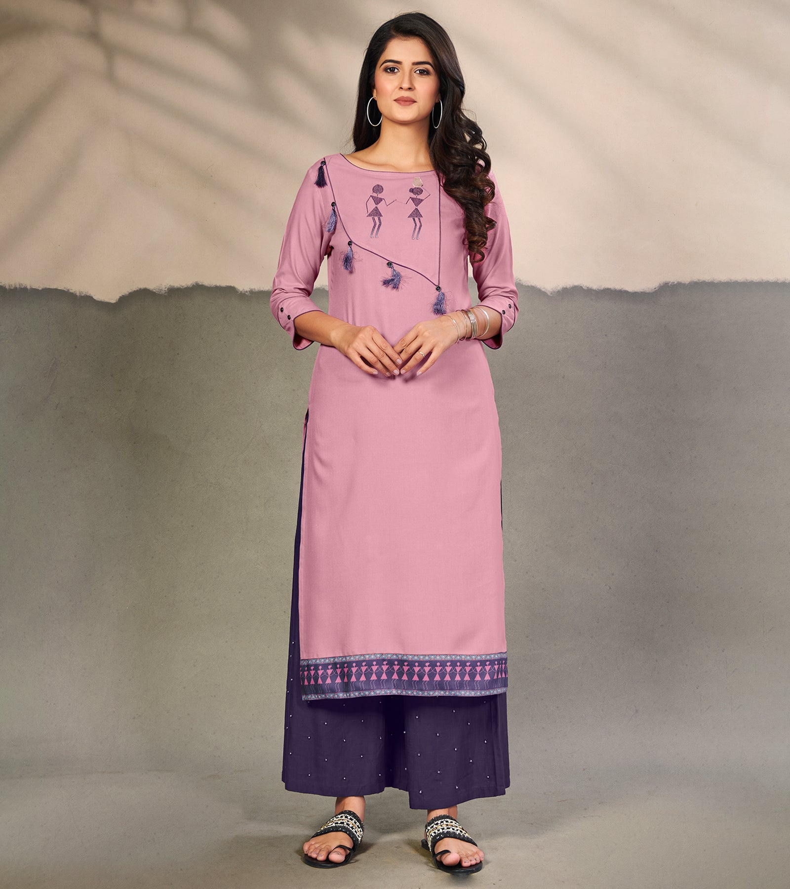 Laxmipati Cotton Lovnder Elegant Straight cut Kurti with Warli Motifs Emb Yoke and Mask