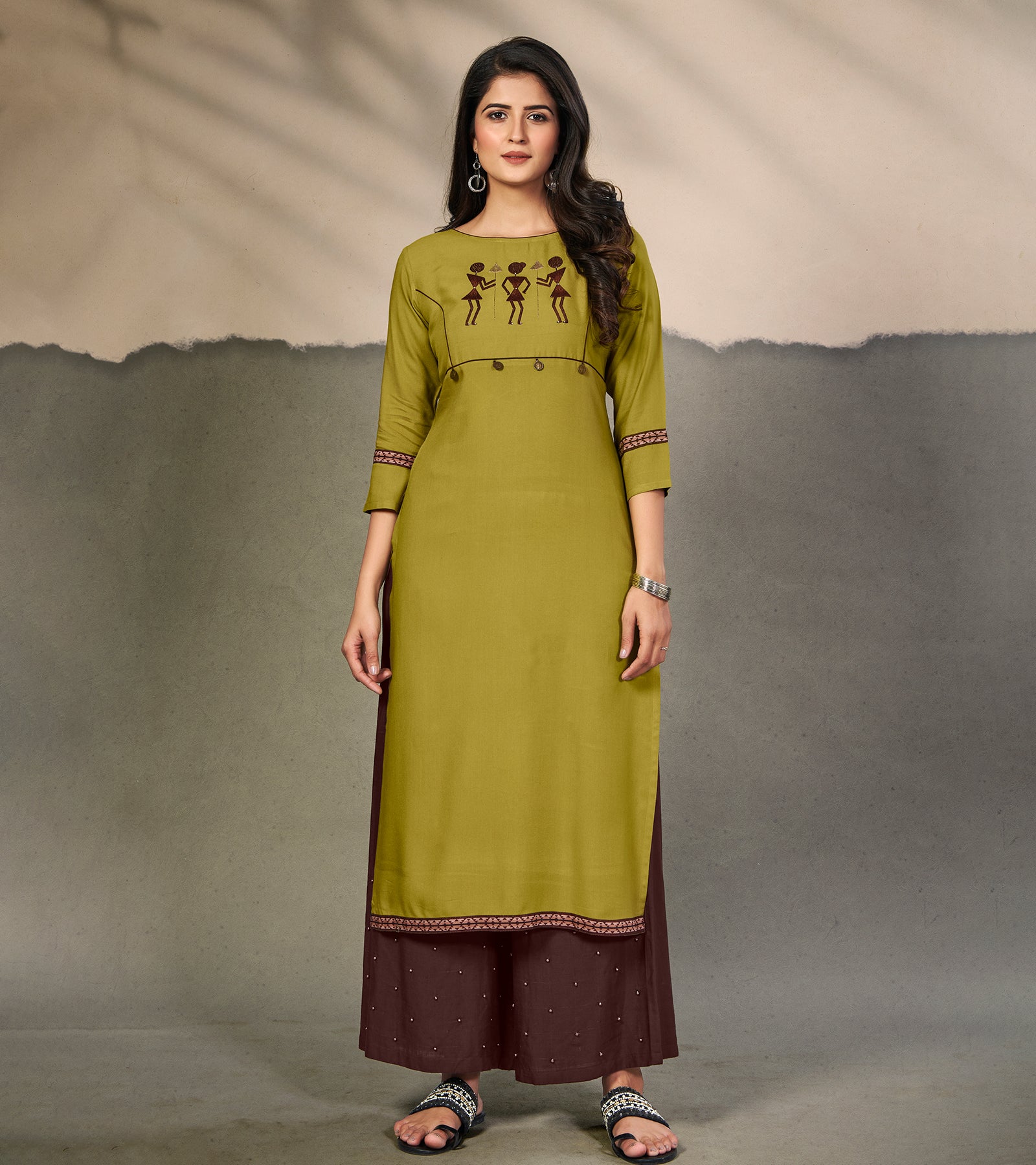Laxmipati Cotton Olive Green Elegant Straight cut Kurti with Warli Motifs Emb Yoke and Mask
