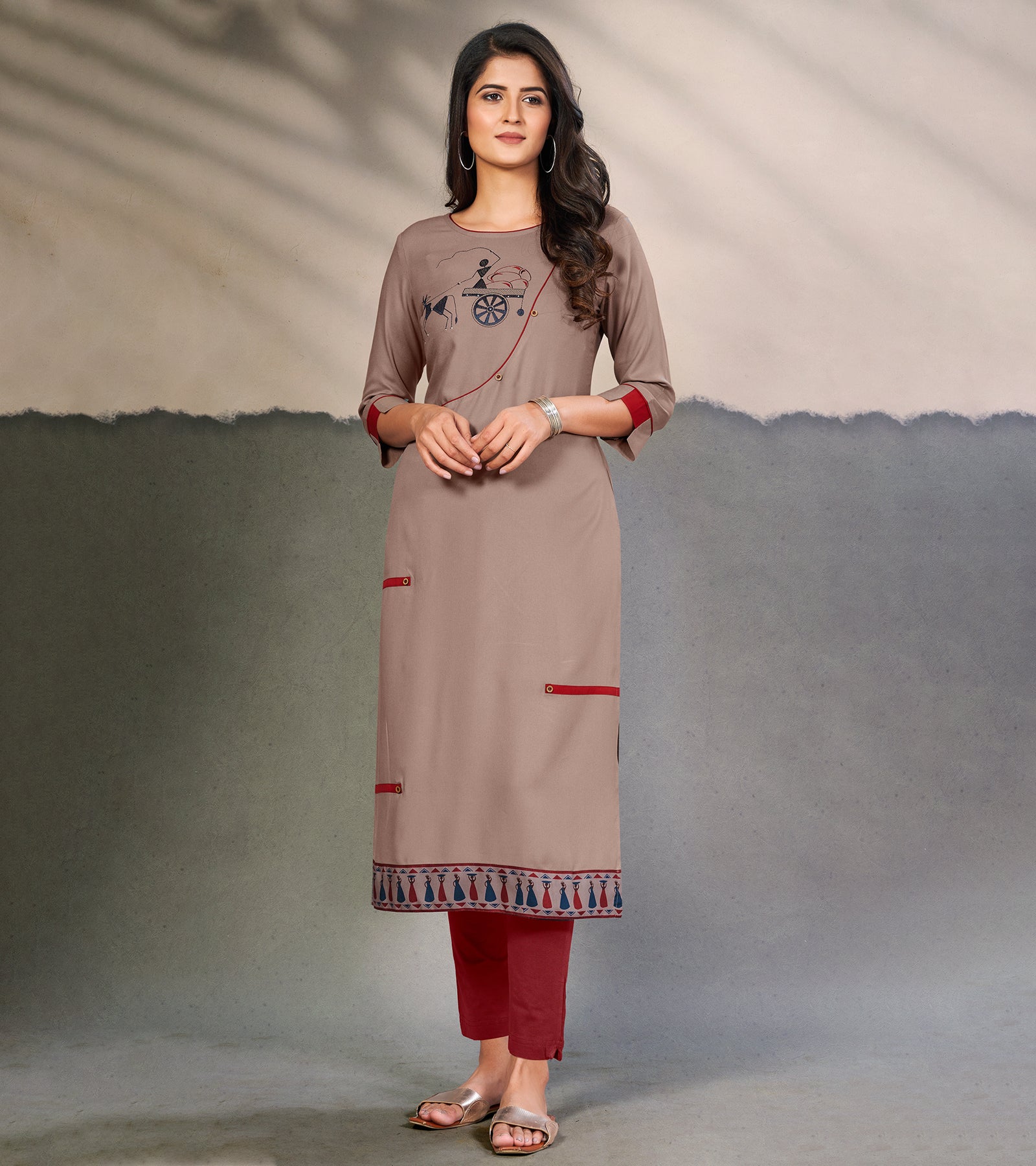Laxmipati Cotton Mate copper Elegant Straight cut Kurti with Warli Motifs Emb Yoke and Mask