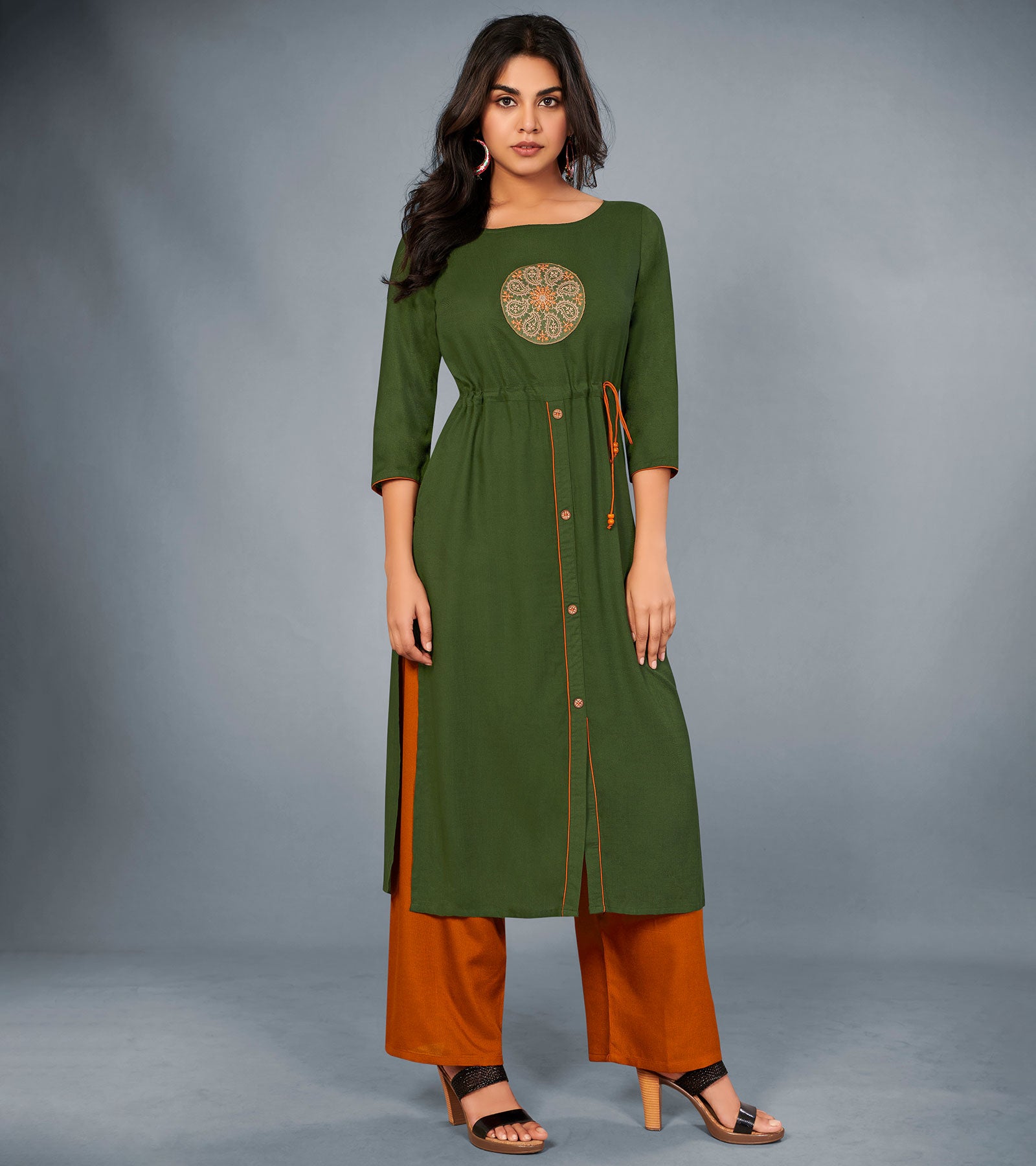 Laxmipati Cotton Dark Green Embroidered Straight Cut Kurti With Palazzo and Mask