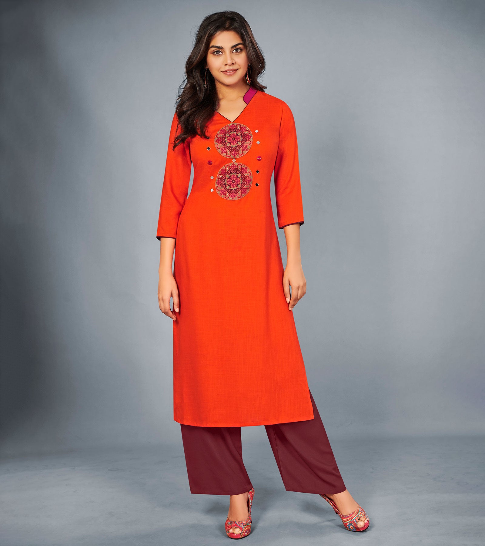 Laxmipati Cotton Indian orange Embroidered Straight Cut Kurti With Palazzo and Mask