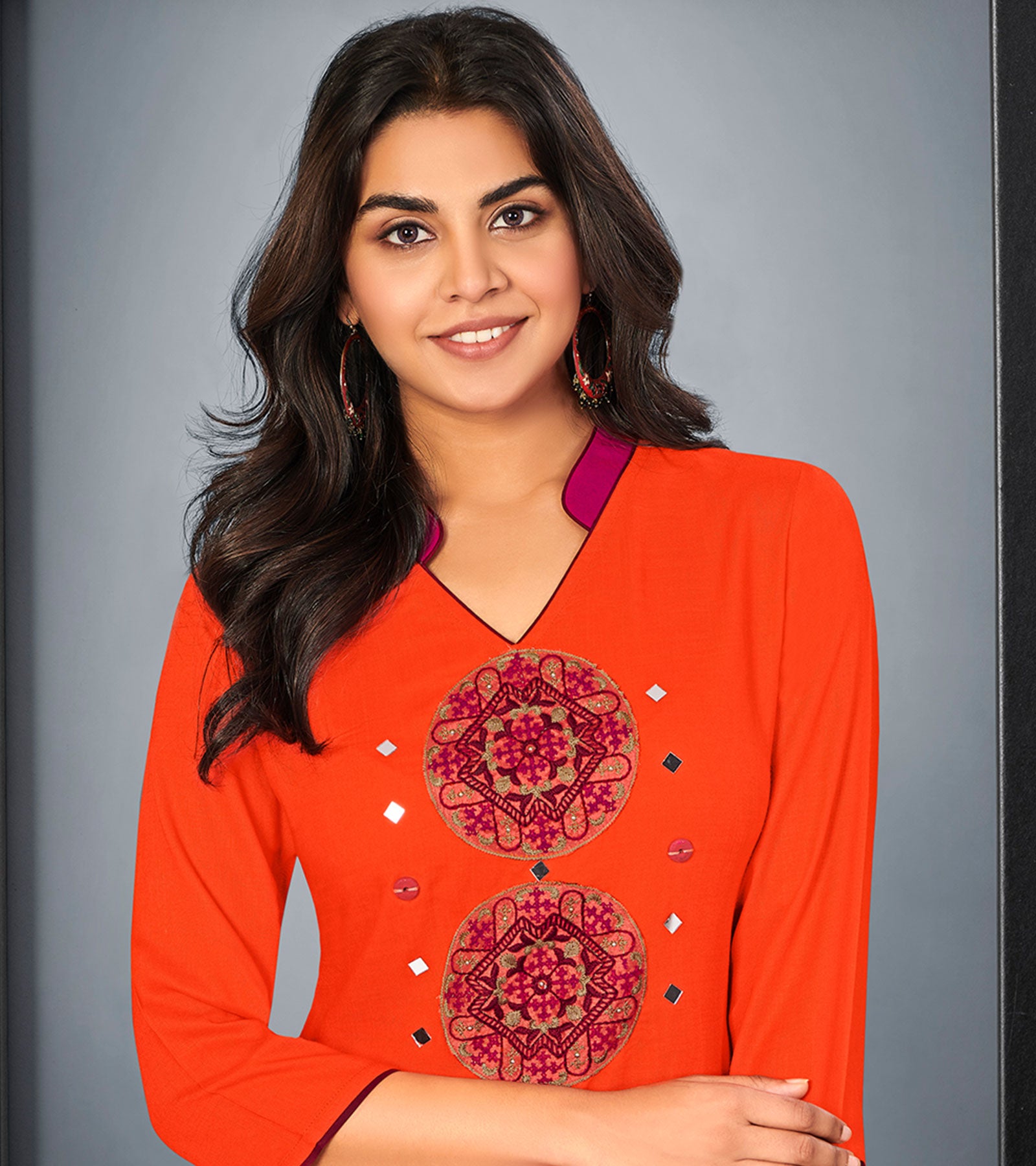 Laxmipati Cotton Indian orange Embroidered Straight Cut Kurti With Palazzo and Mask