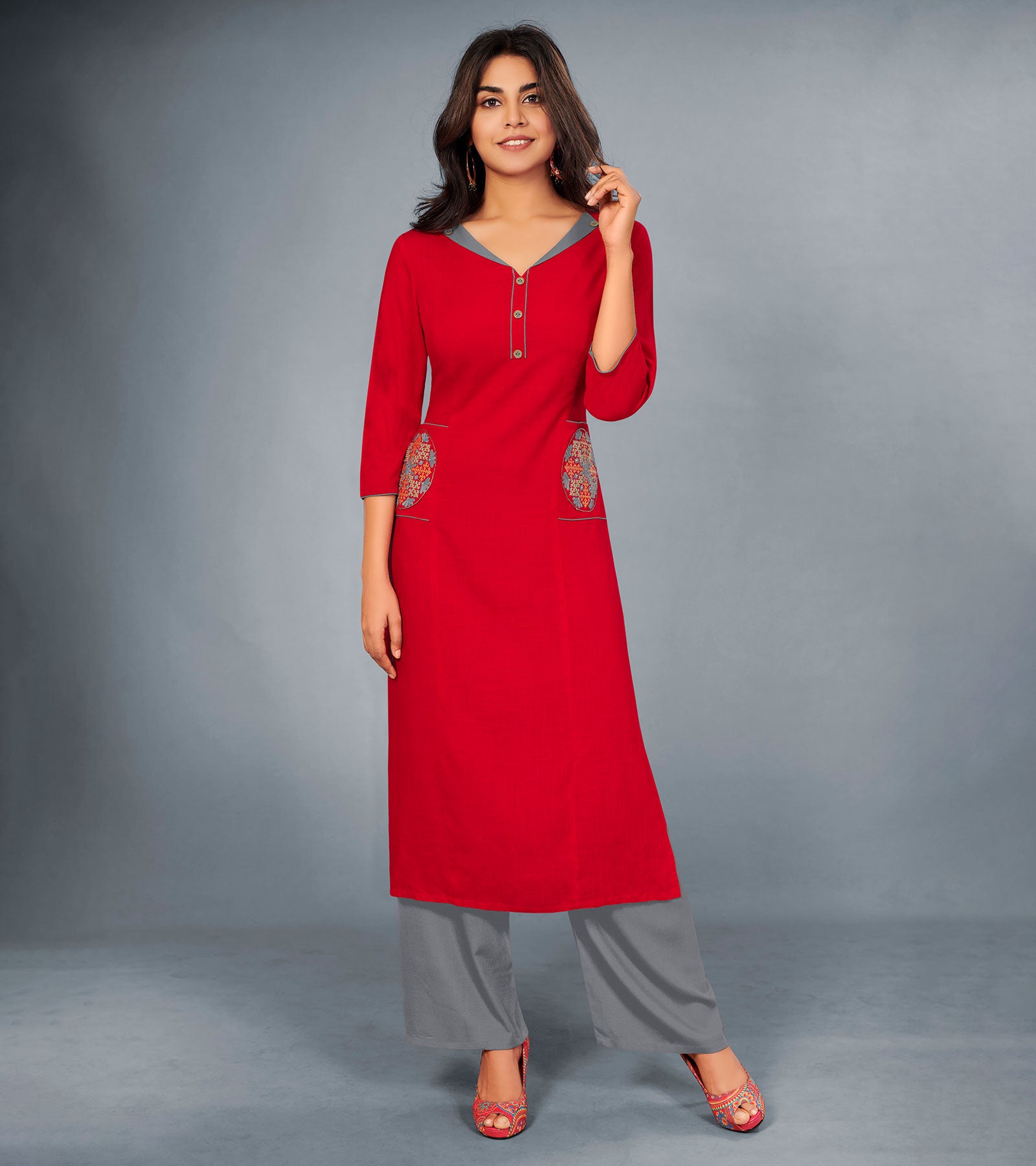 Laxmipati Cotton Range of red Embroidered Straight Cut Kurti With Palazzo and Mask