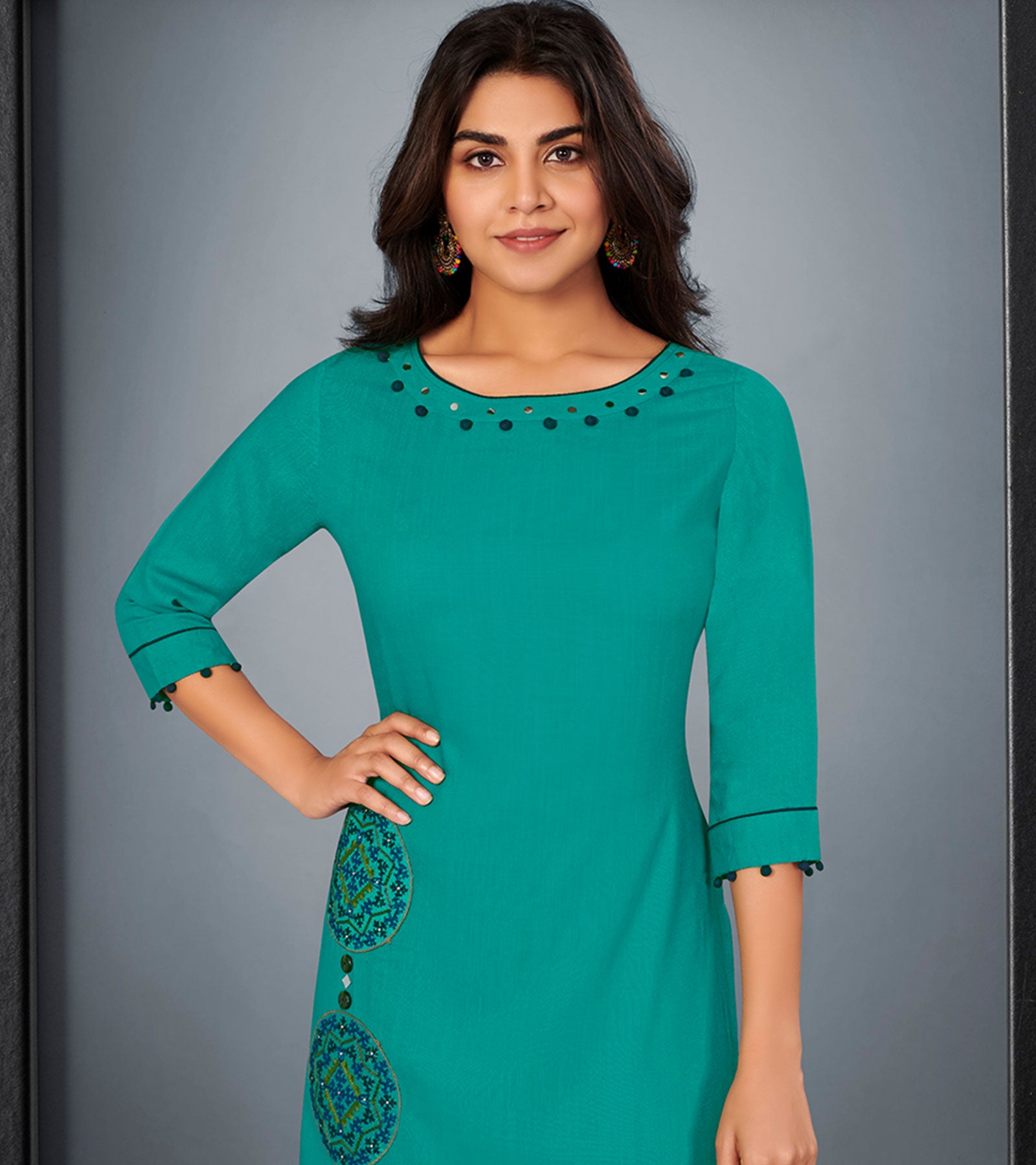 Laxmipati Cotton Rama Embroidered Straight Cut Kurti With Palazzo and Mask