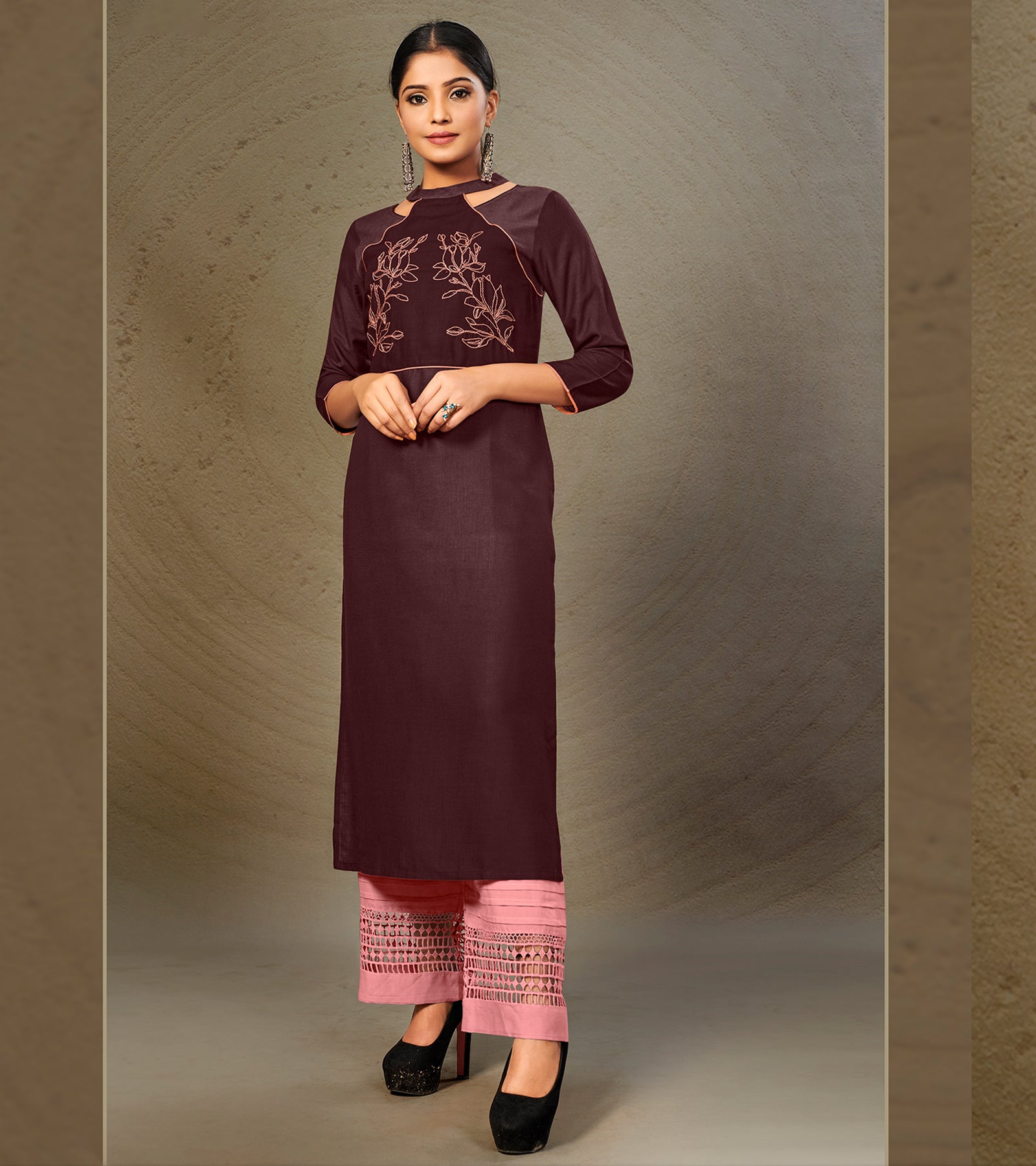 Laxmipati Cotton Shaded Brown Straight cut Kurti with Stylish Yoke and Mask