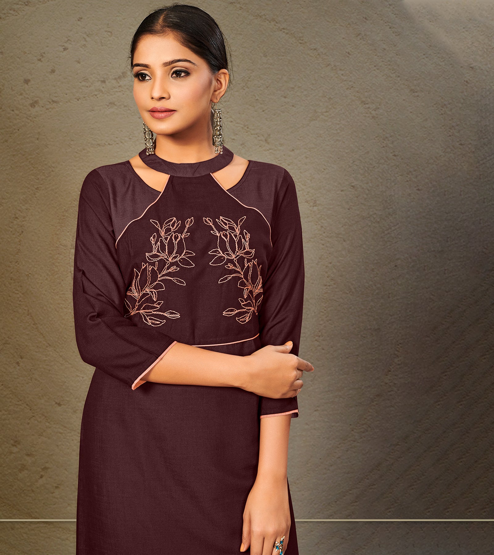 Laxmipati Cotton Shaded Brown Straight cut Kurti with Stylish Yoke and Mask