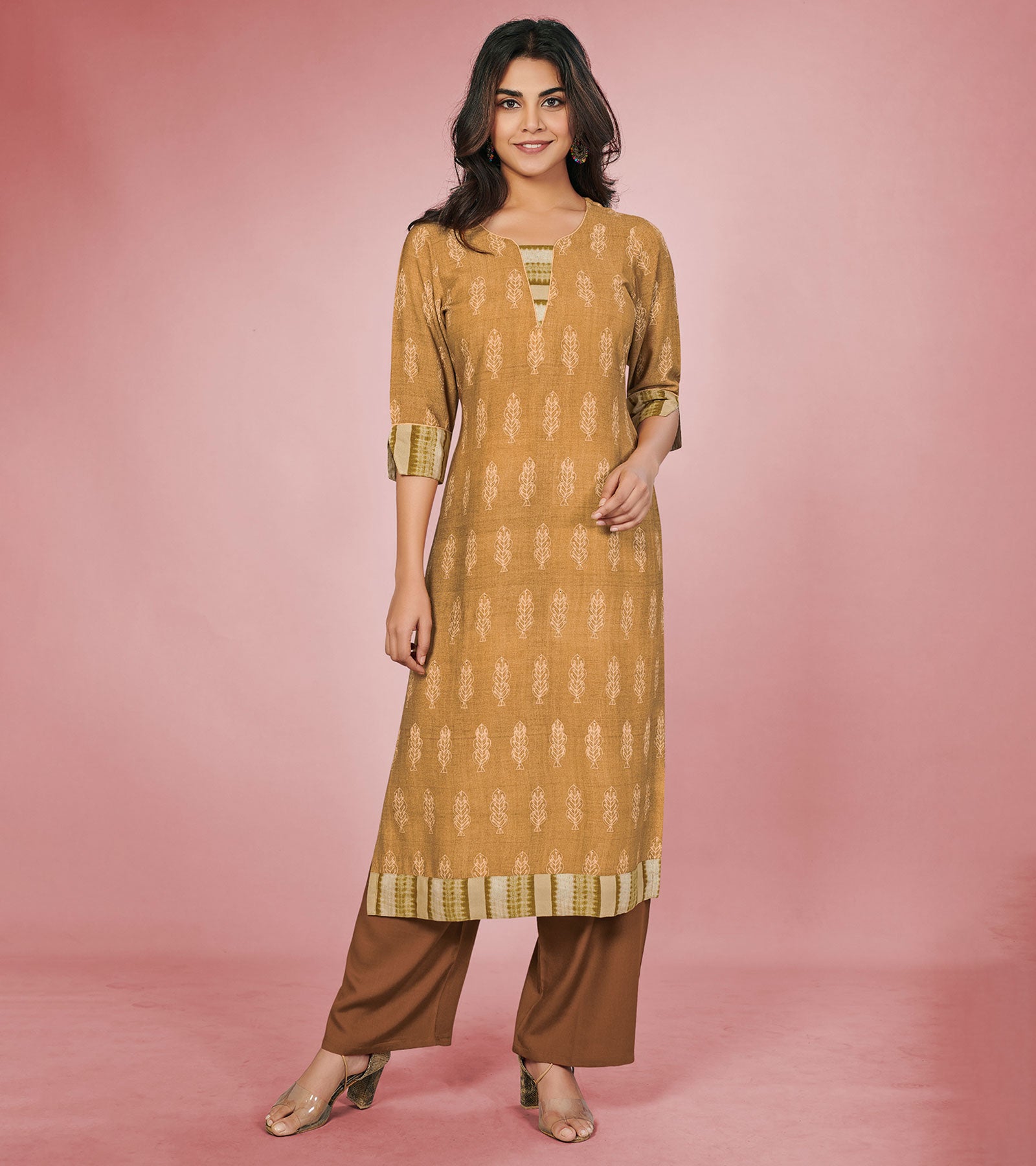 Laxmipati Rayon Dusty Gold Straight Cut Kurti With Palazzo & Mask
