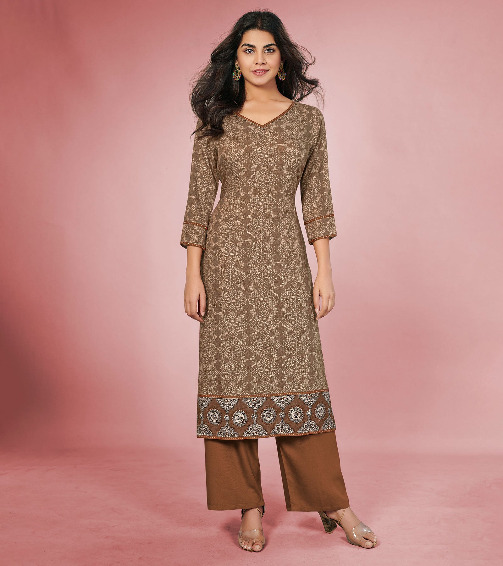 Laxmipati Rayon Earthy Brown Straight Cut Kurti With Palazzo & Mask