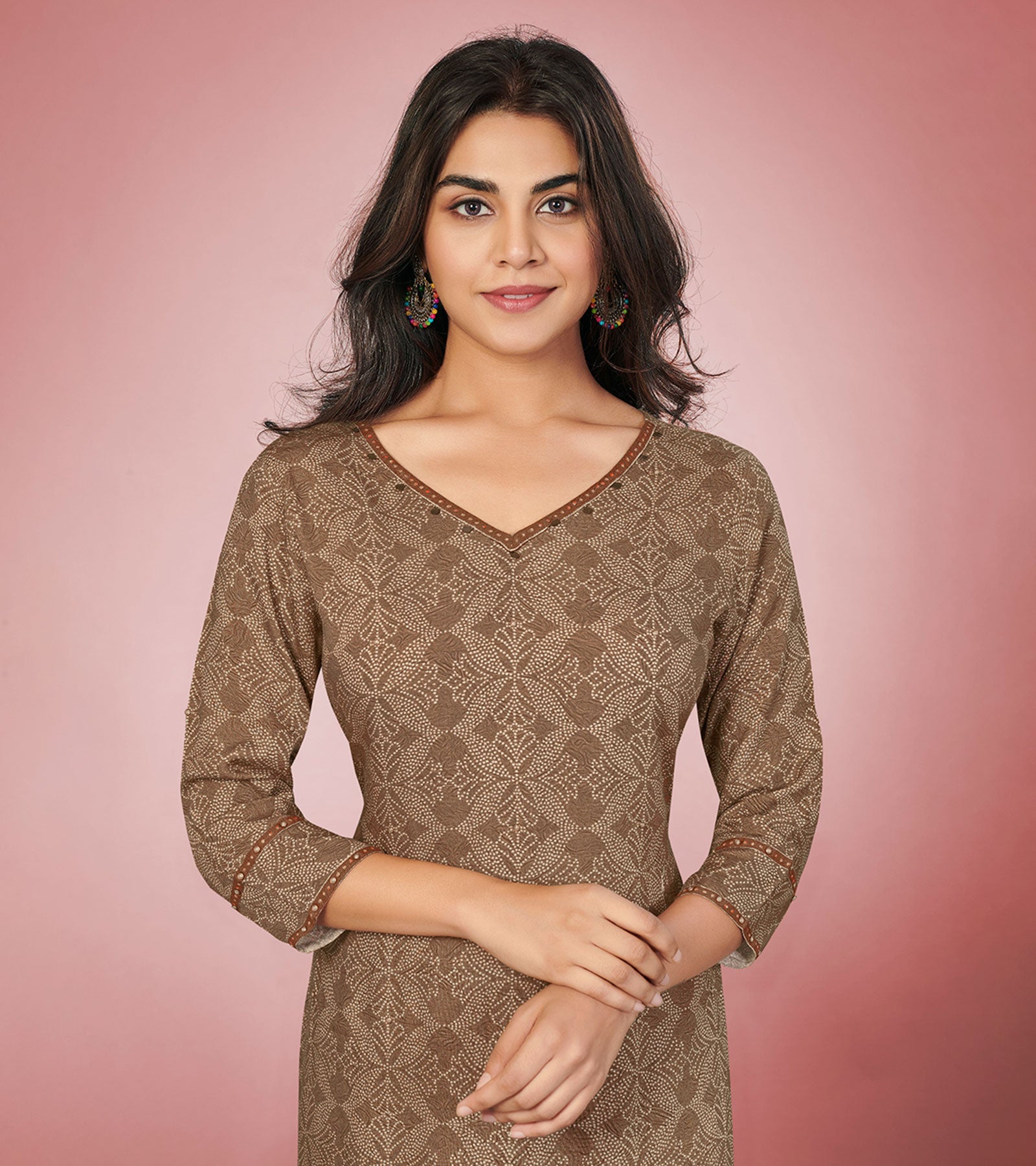 Laxmipati Rayon Earthy Brown Straight Cut Kurti With Palazzo & Mask