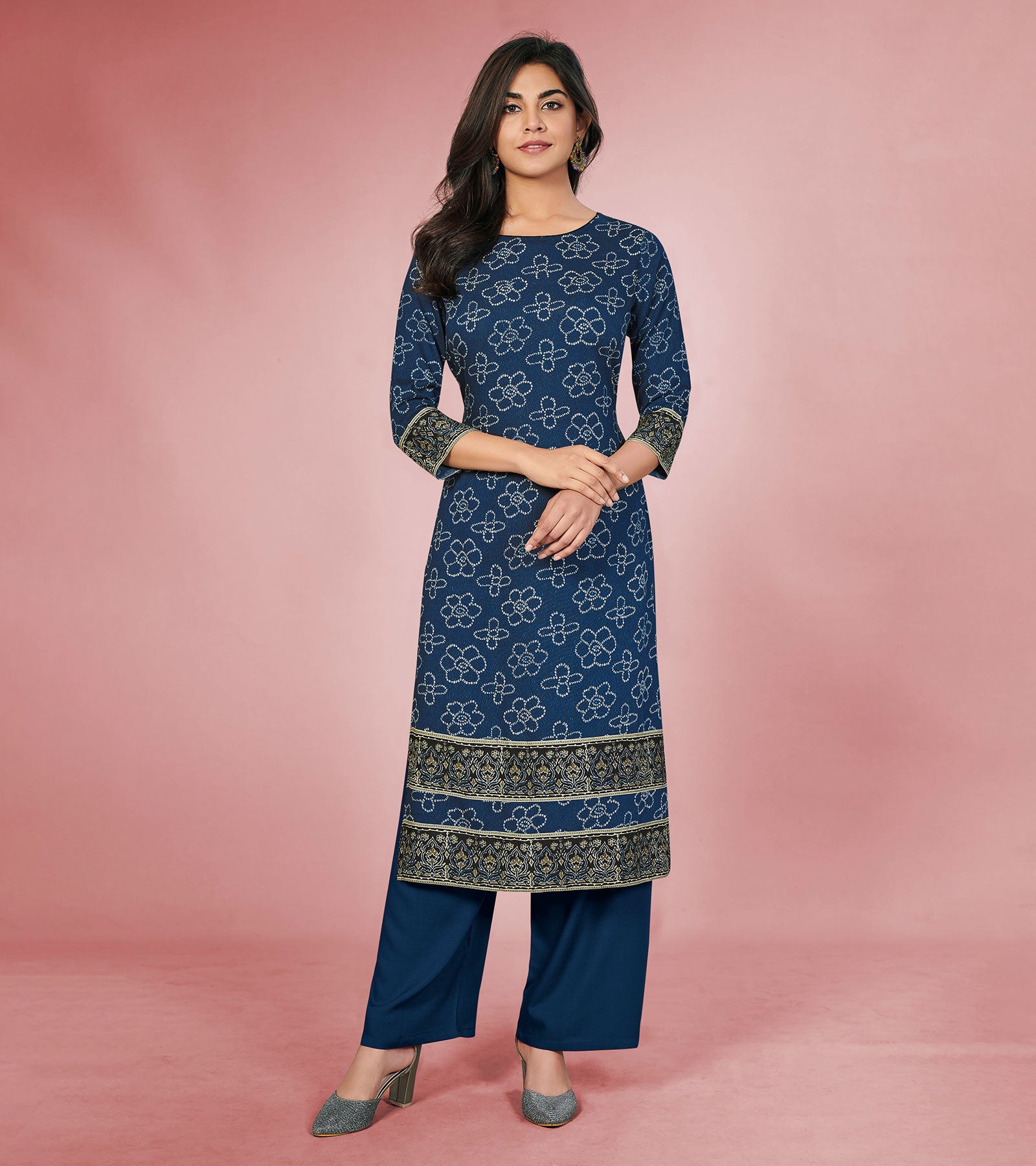 Laxmipati Rayon Navy Blue Straight Cut Kurti With Palazzo & Mask