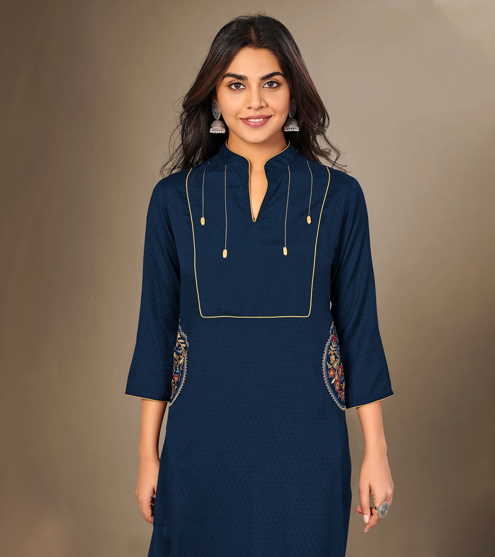 Laxmipati Cotton Viscose Navy Blue Straight Cut Kurti With Mask