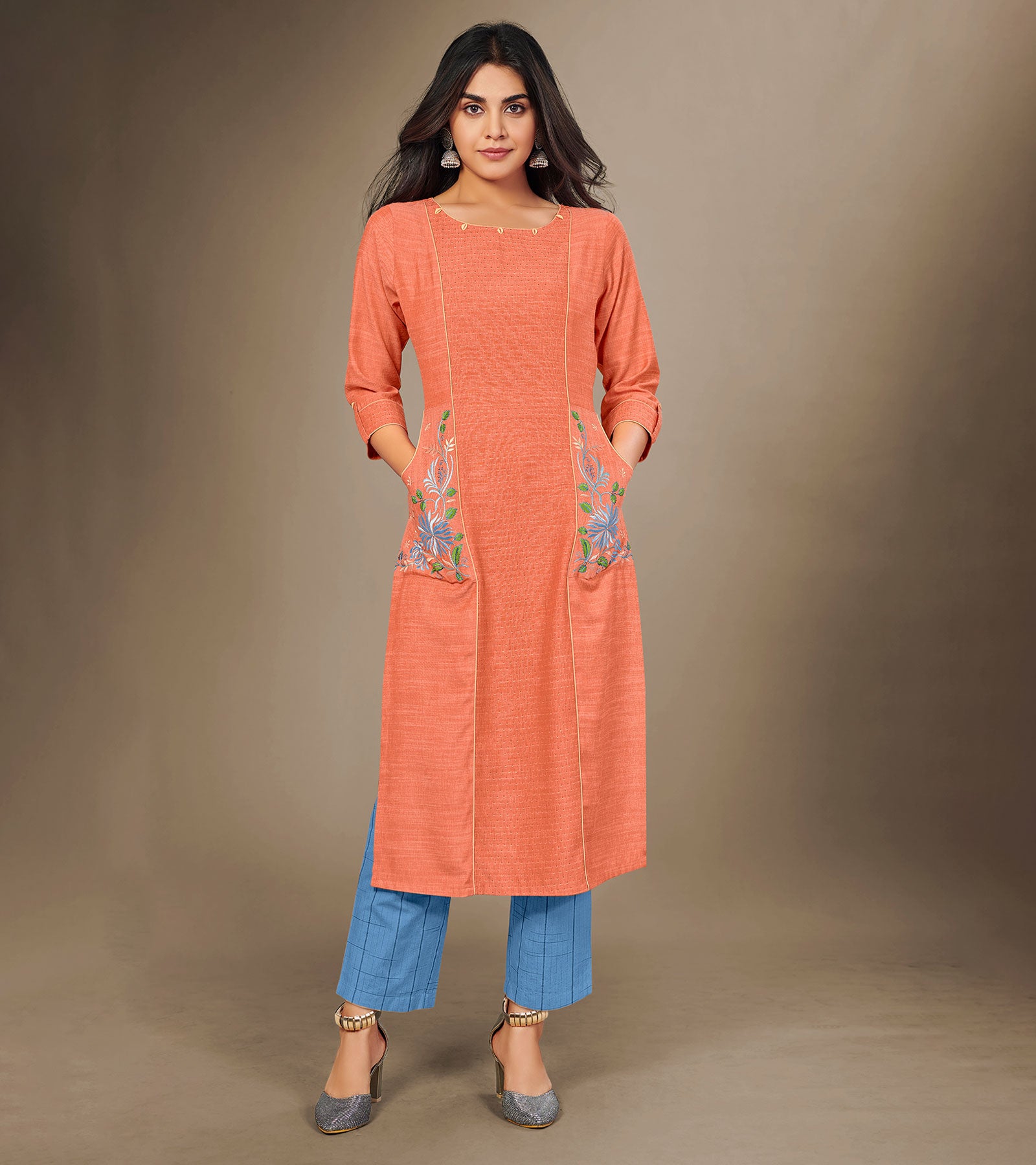 Laxmipati Cotton Viscose Rustic Orange Straight Cut Kurti With Mask