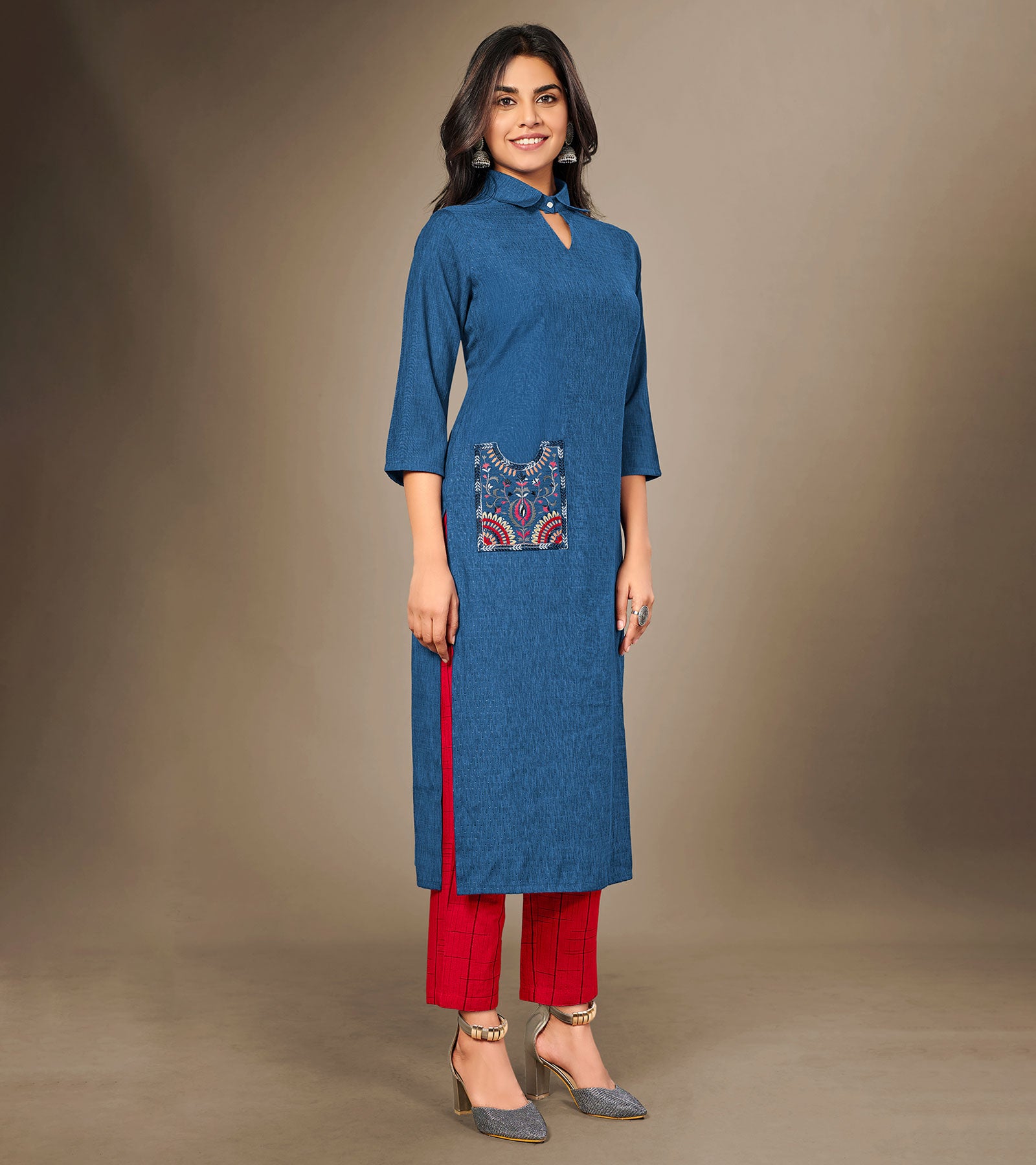 Laxmipati Cotton Viscose Royal Blue Straight Cut Kurti With Mask