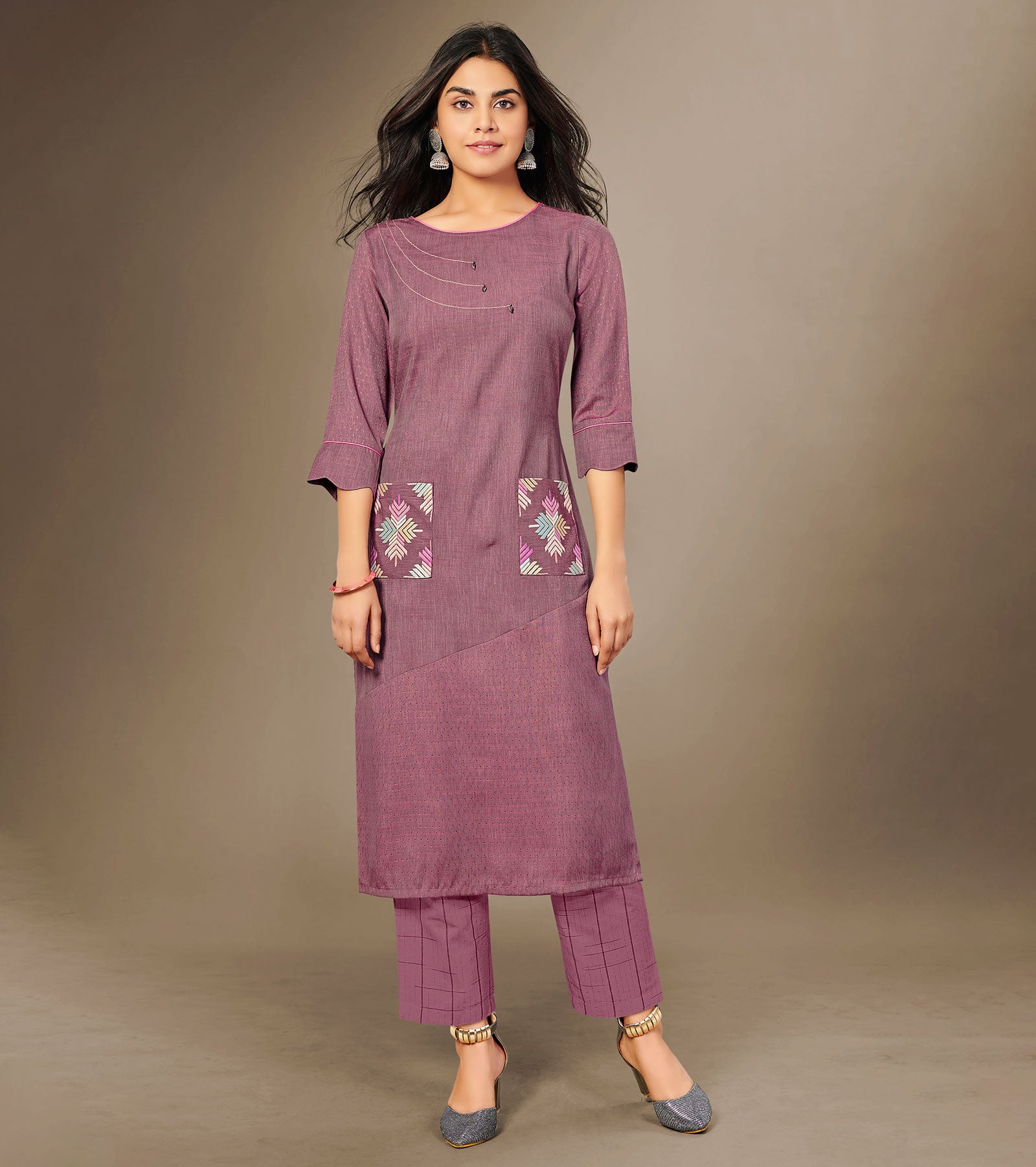 Laxmipati Cotton Viscose Mysty Mauve Straight Cut Kurti With Mask