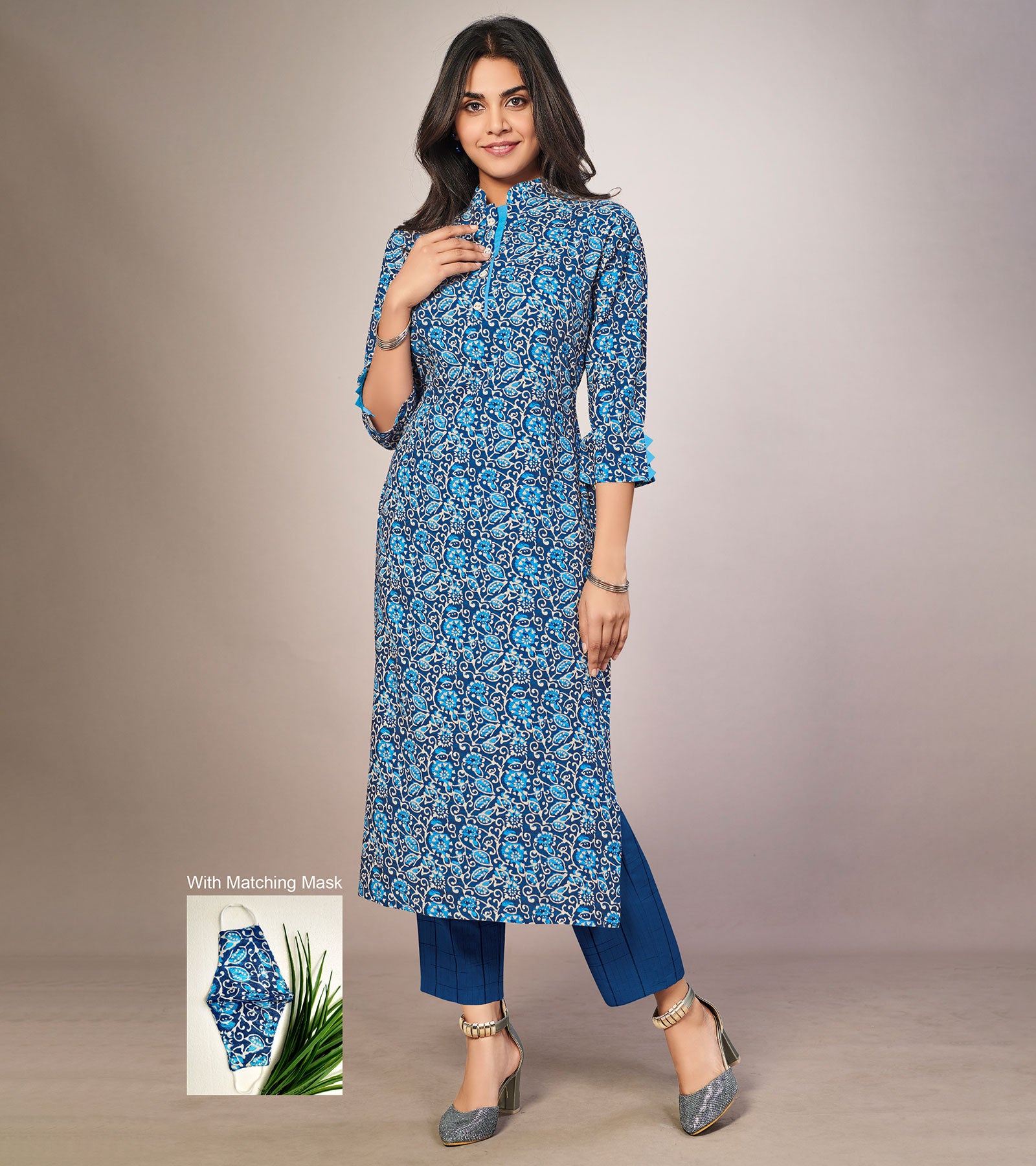 Laxmipati Cotton Viscose Blur Blue Straight Cut Kurti With Mask