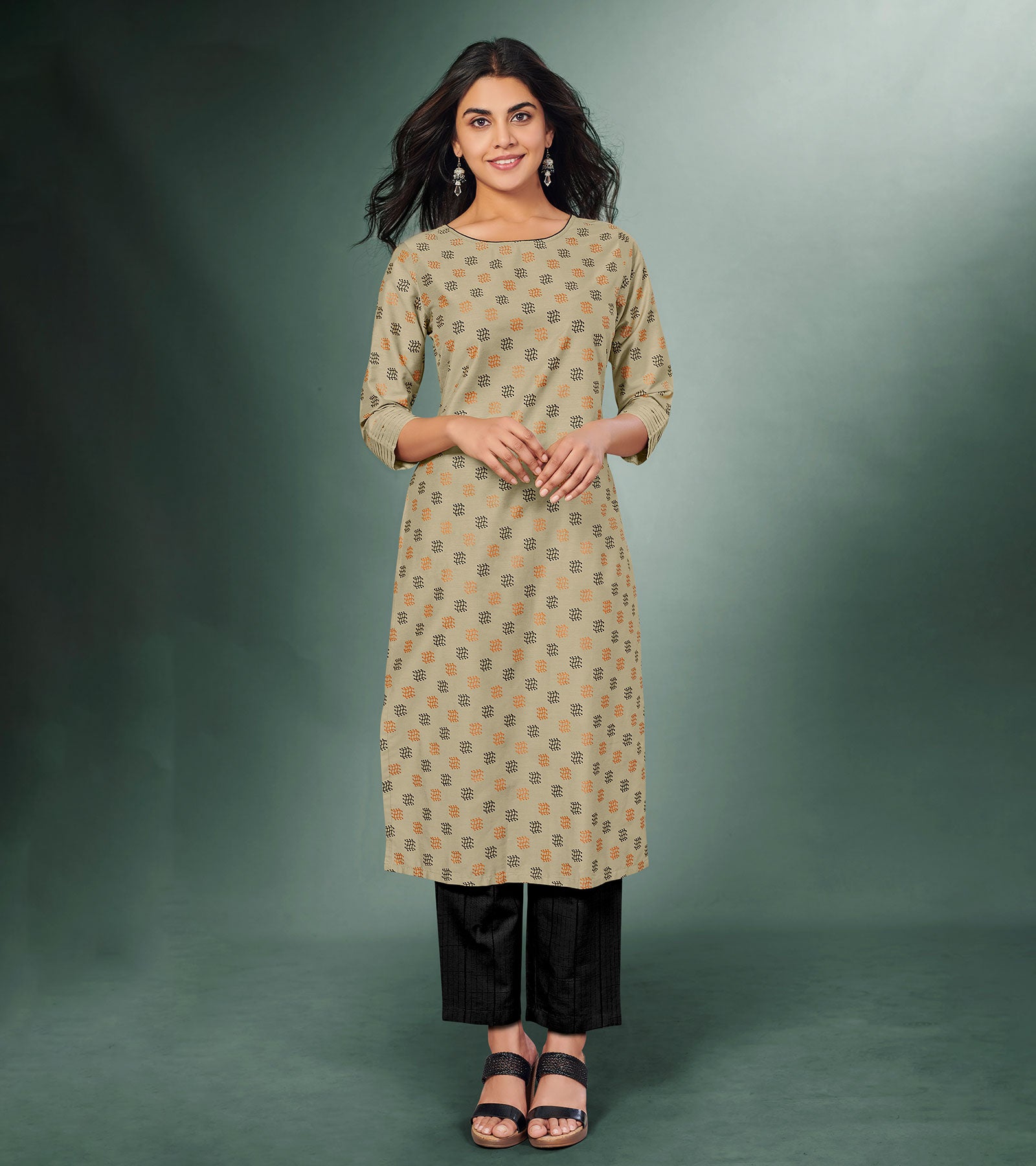 Laxmipati Viscose Hazal Colour Block Print Straight Cut Kurti With Mask