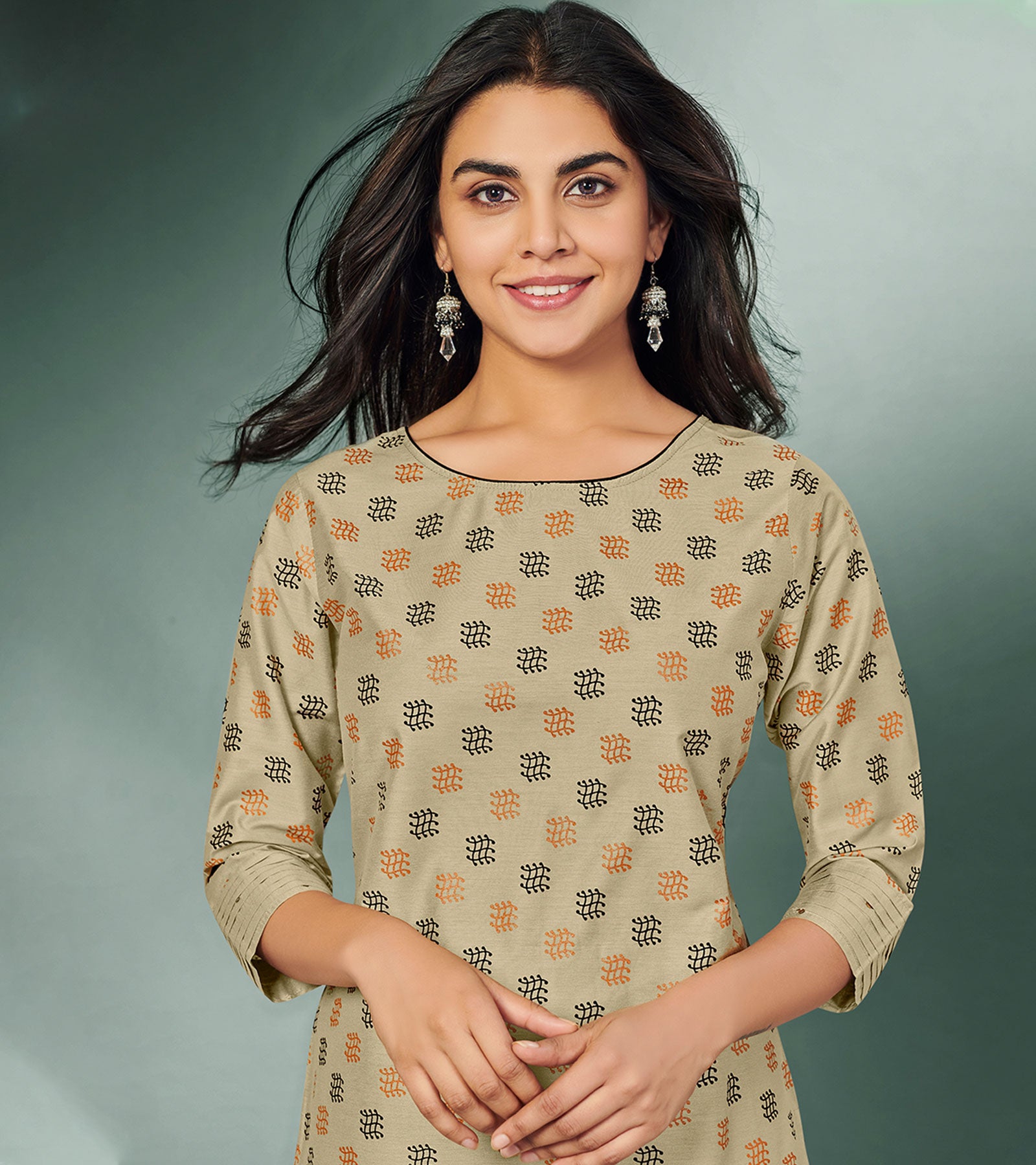 Laxmipati Viscose Hazal Colour Block Print Straight Cut Kurti With Mask