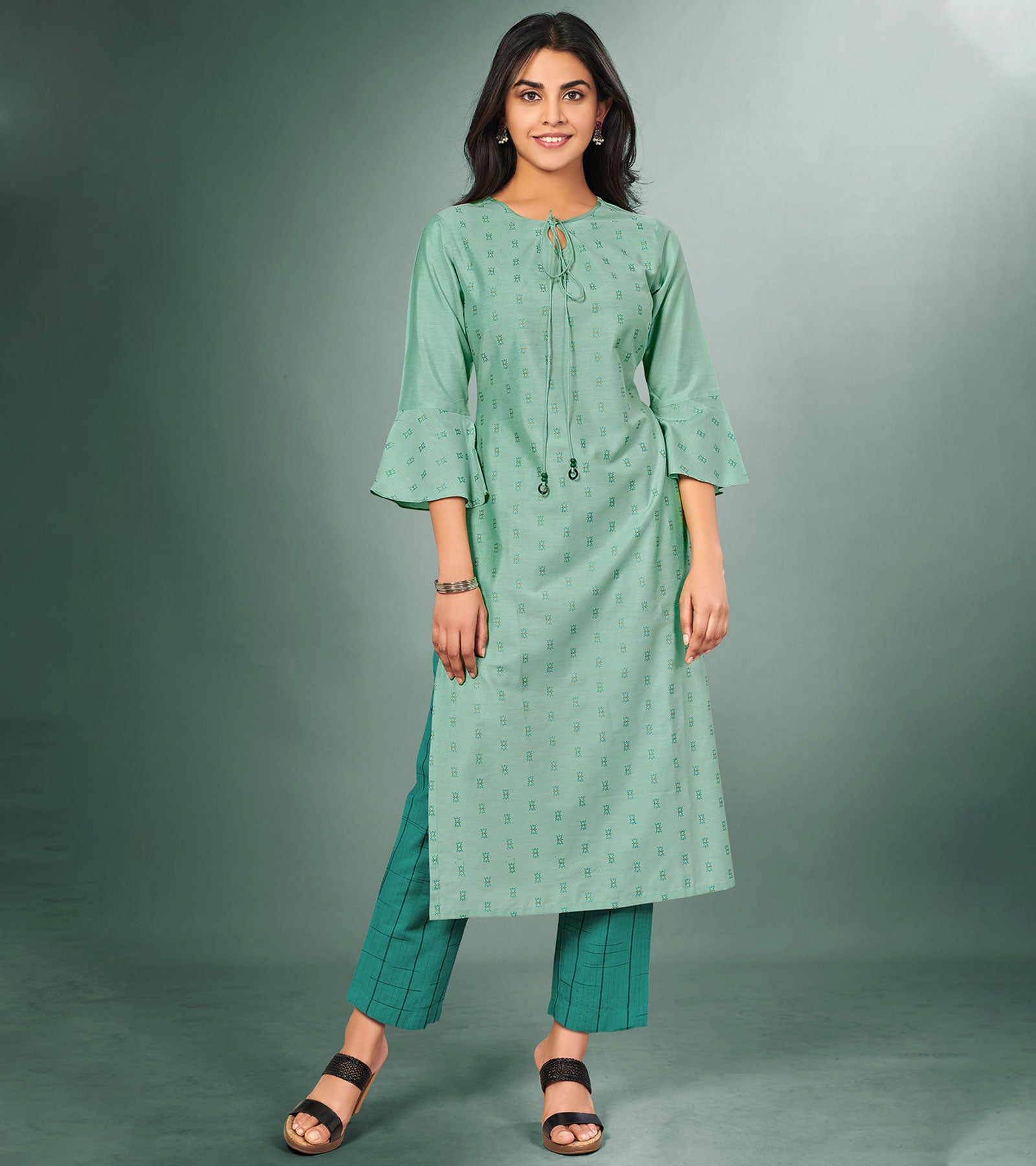 Laxmipati Viscose Mint Green Straight Cut Kurti With Mask