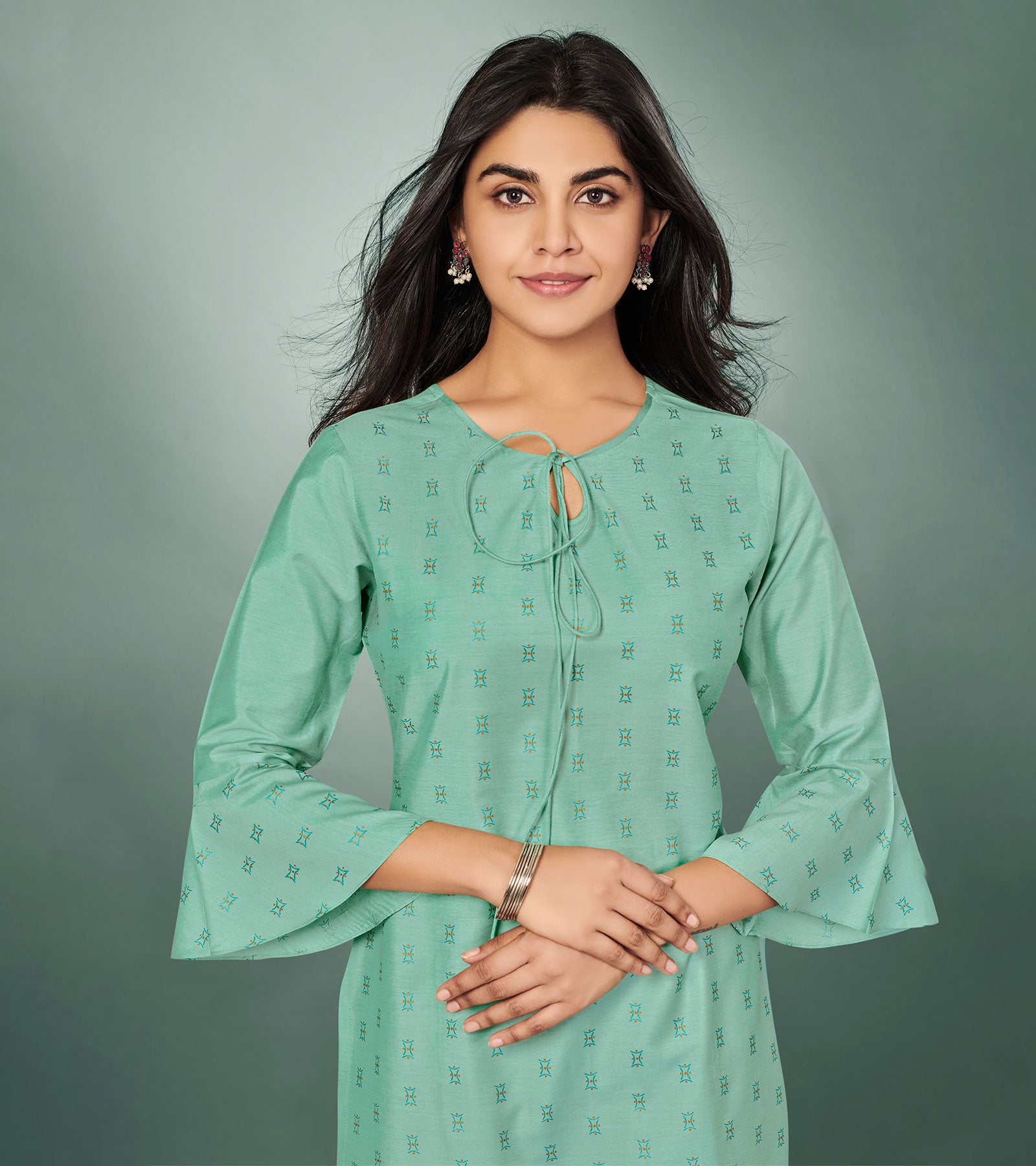Laxmipati Viscose Mint Green Straight Cut Kurti With Mask