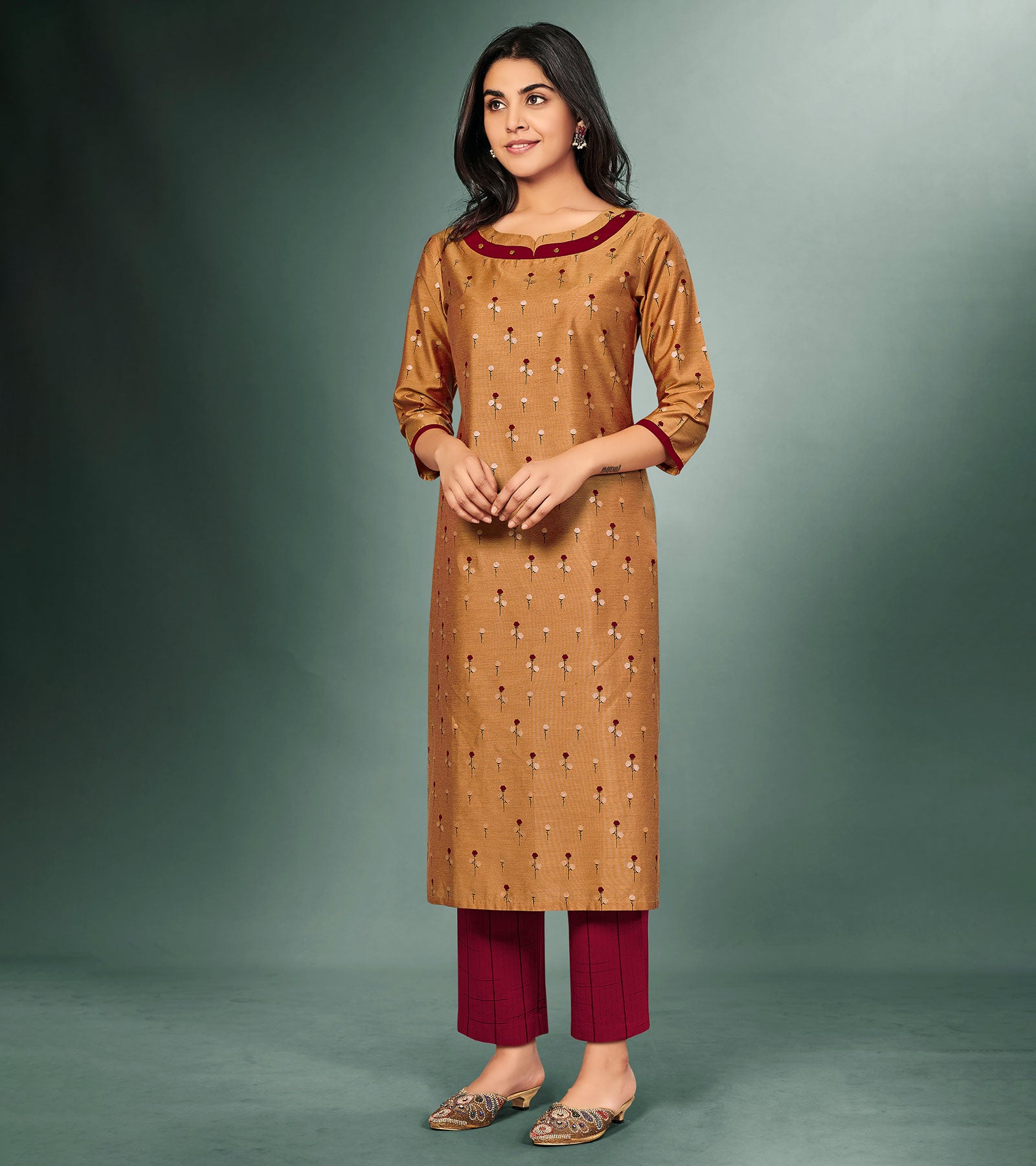 Laxmipati Viscose Tuscan Brown Straight Cut Kurti With Mask