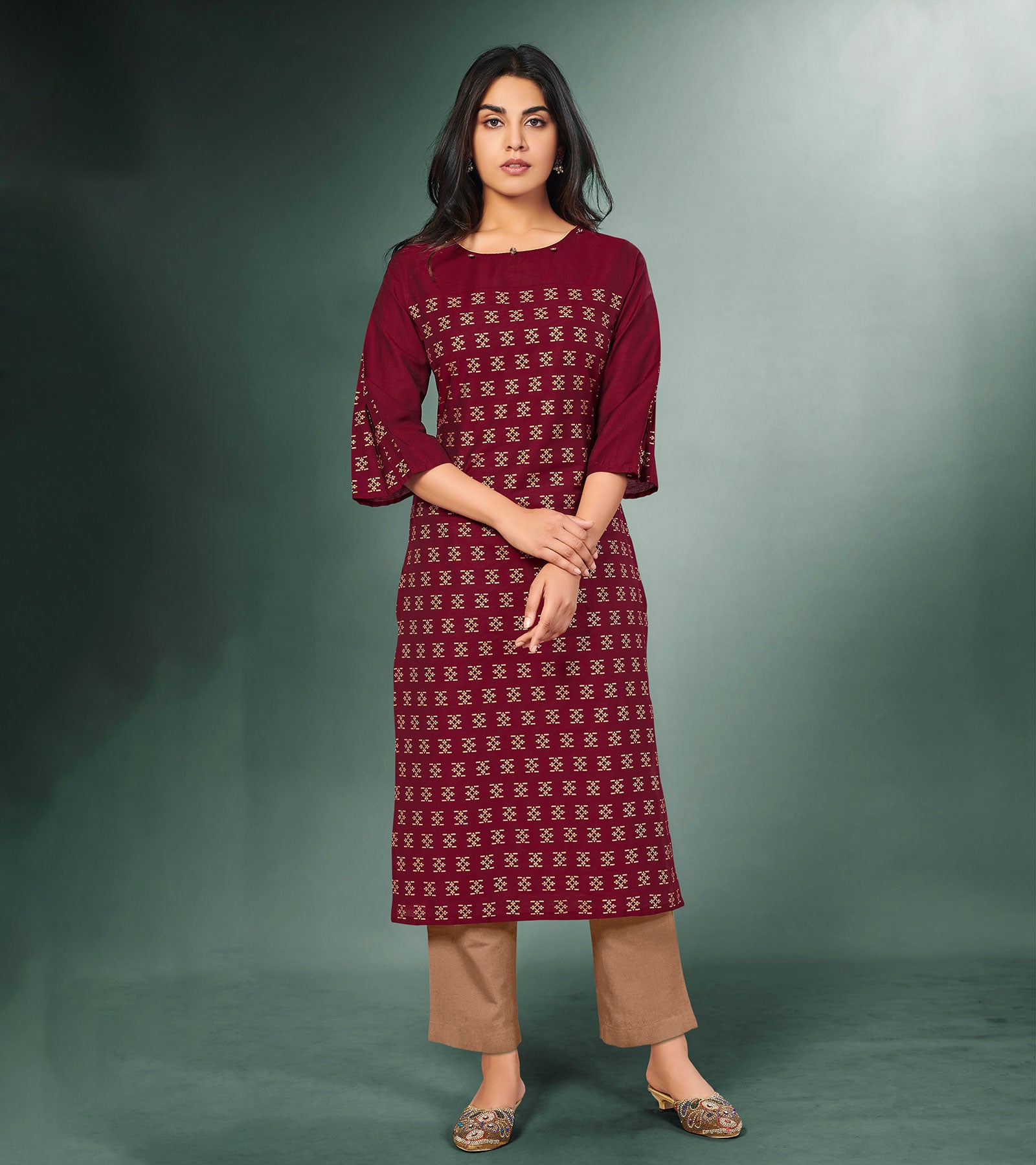 Laxmipati Viscose Merlot Maroon Straight Cut Kurti With Mask
