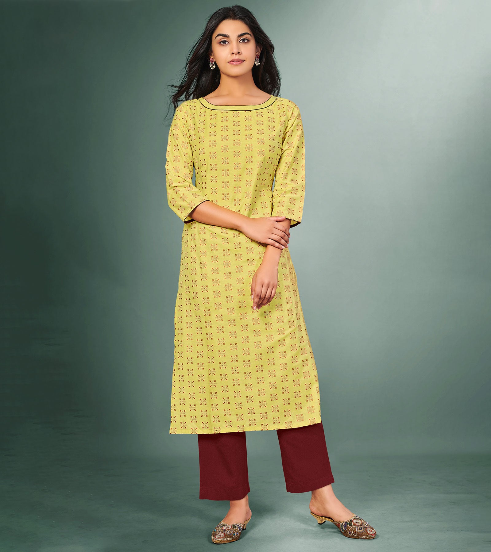 Laxmipati Viscose Lemon Yellow Straight Cut Kurti With Mask