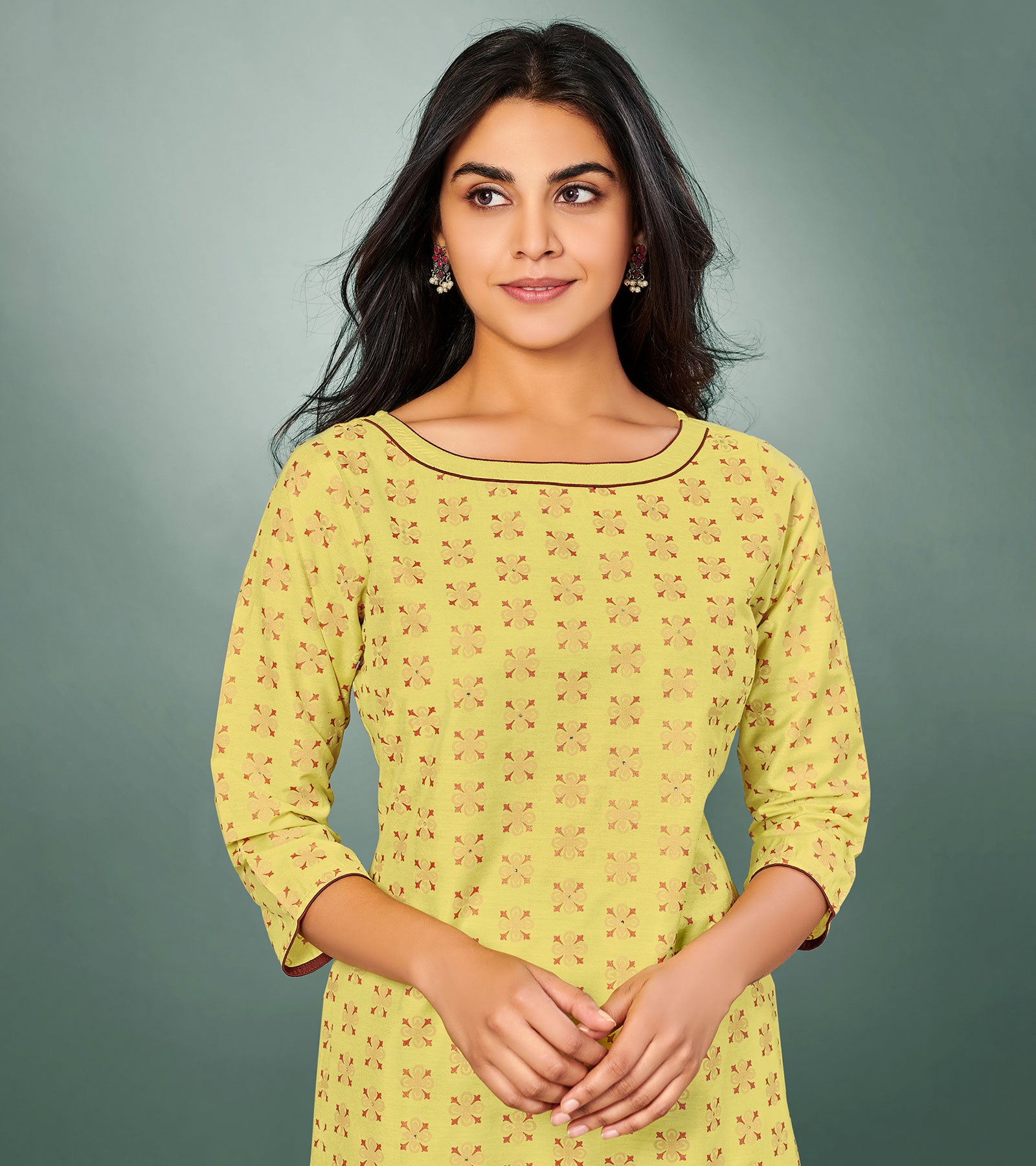 Laxmipati Viscose Lemon Yellow Straight Cut Kurti With Mask