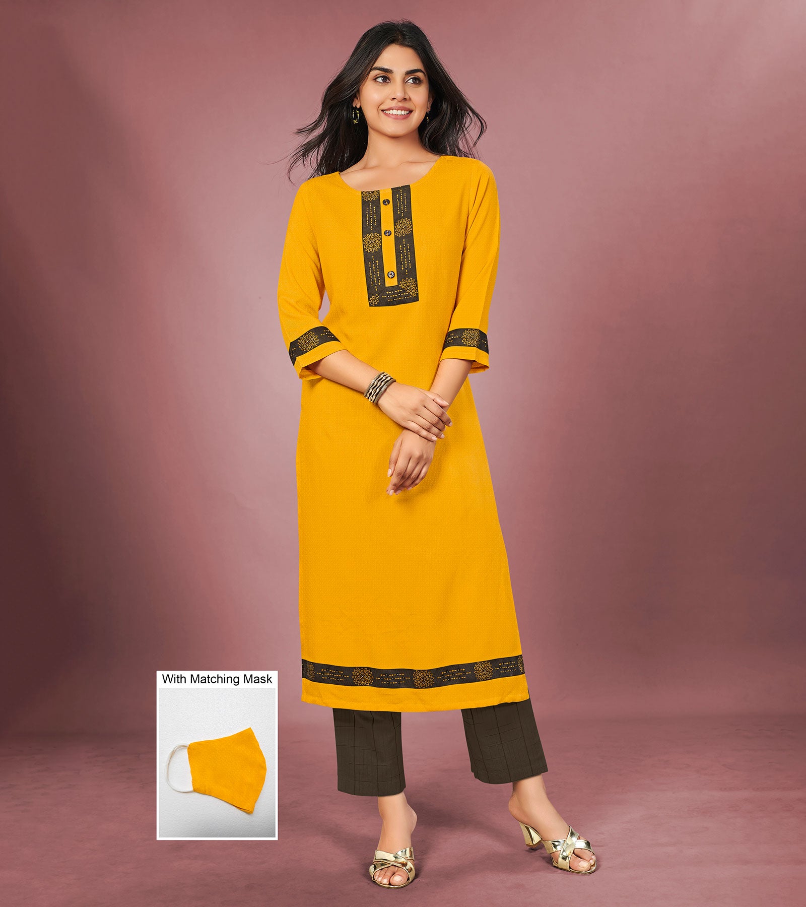 Laxmipati Cotton Viscose Musterd Yellow Straight Cut Kurti With Mask
