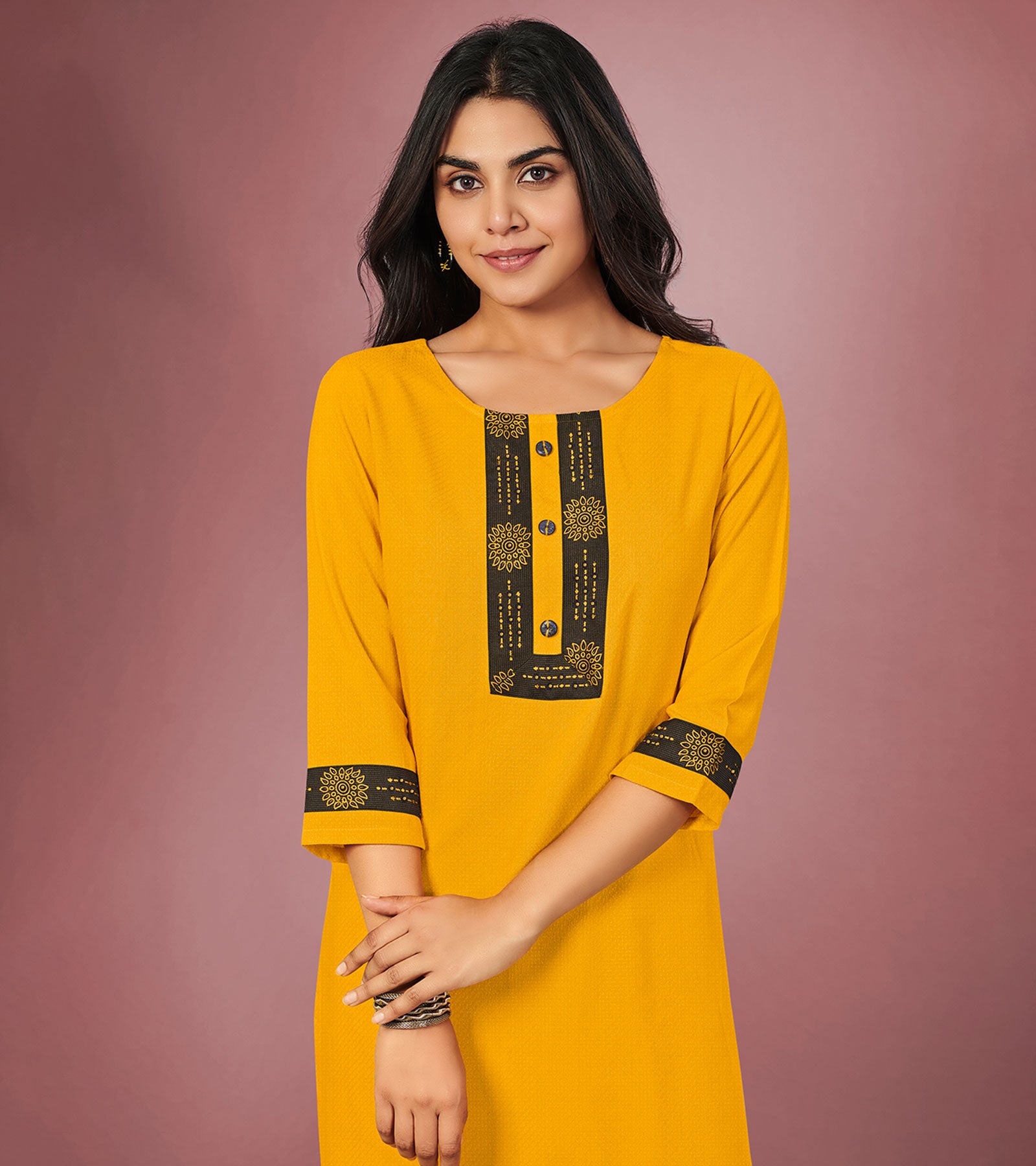 Laxmipati Cotton Viscose Musterd Yellow Straight Cut Kurti With Mask
