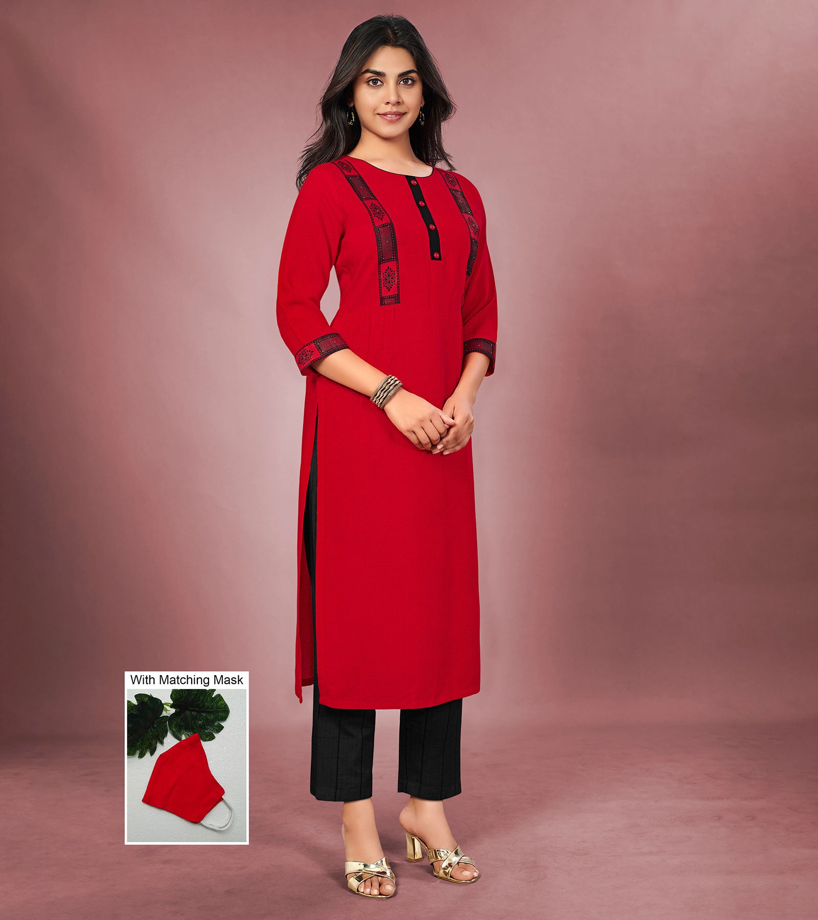 Laxmipati Cotton Viscose Rimzim Red Straight Cut Kurti With Mask