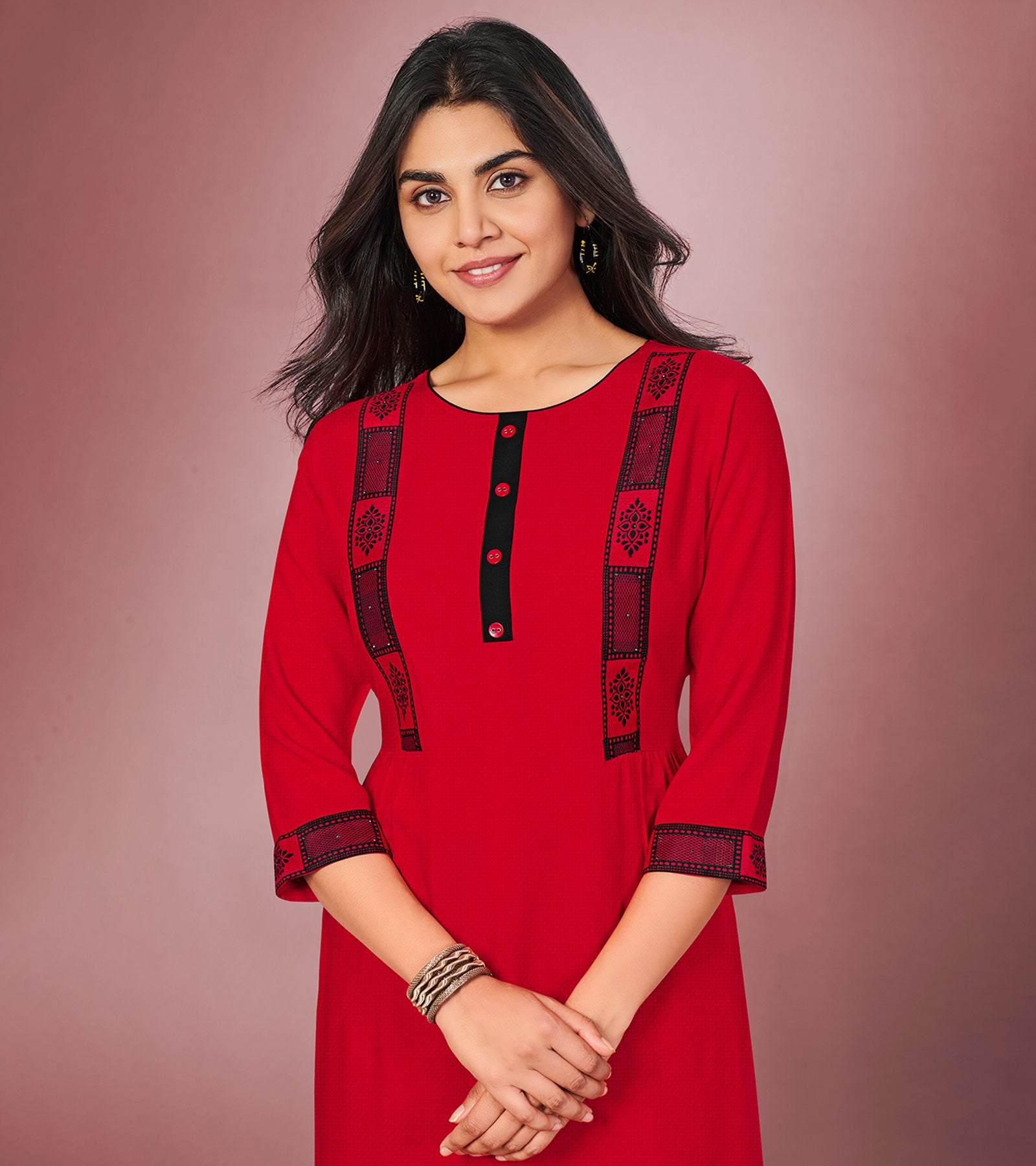 Laxmipati Cotton Viscose Rimzim Red Straight Cut Kurti With Mask
