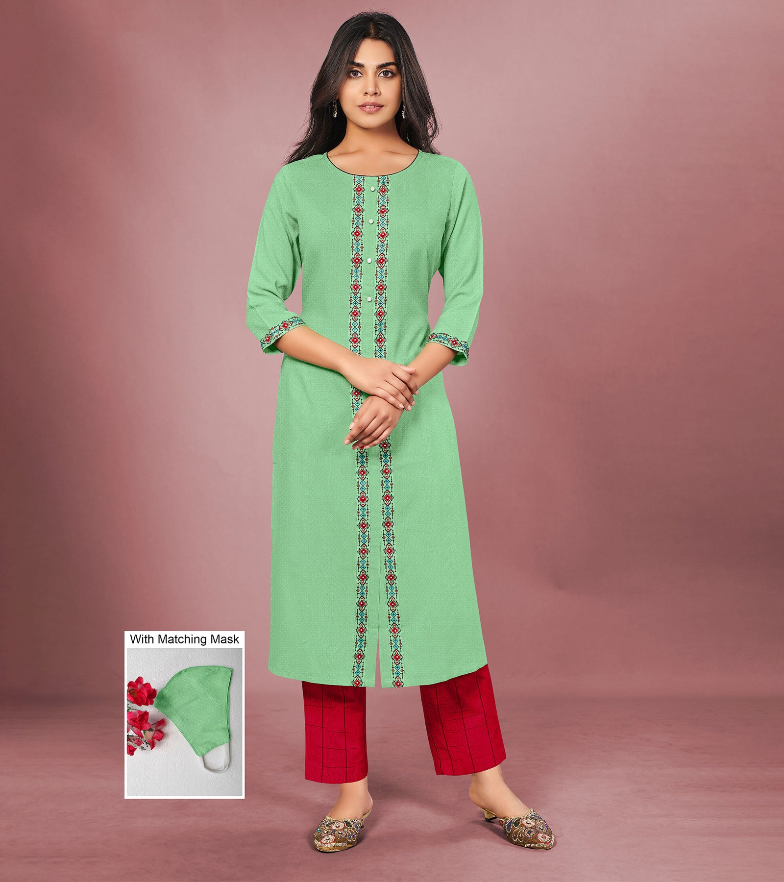 Laxmipati Cotton Viscose Pista Green Straight Cut Kurti With Mask