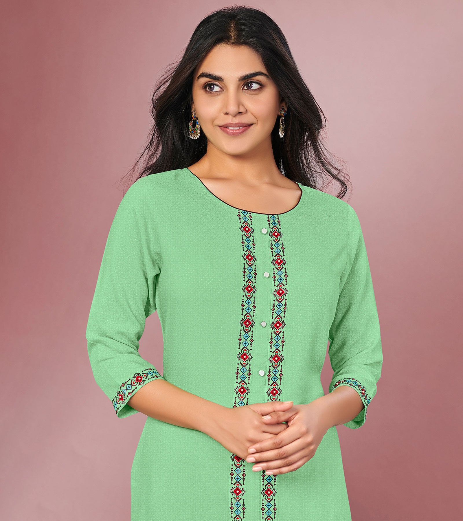 Laxmipati Cotton Viscose Pista Green Straight Cut Kurti With Mask
