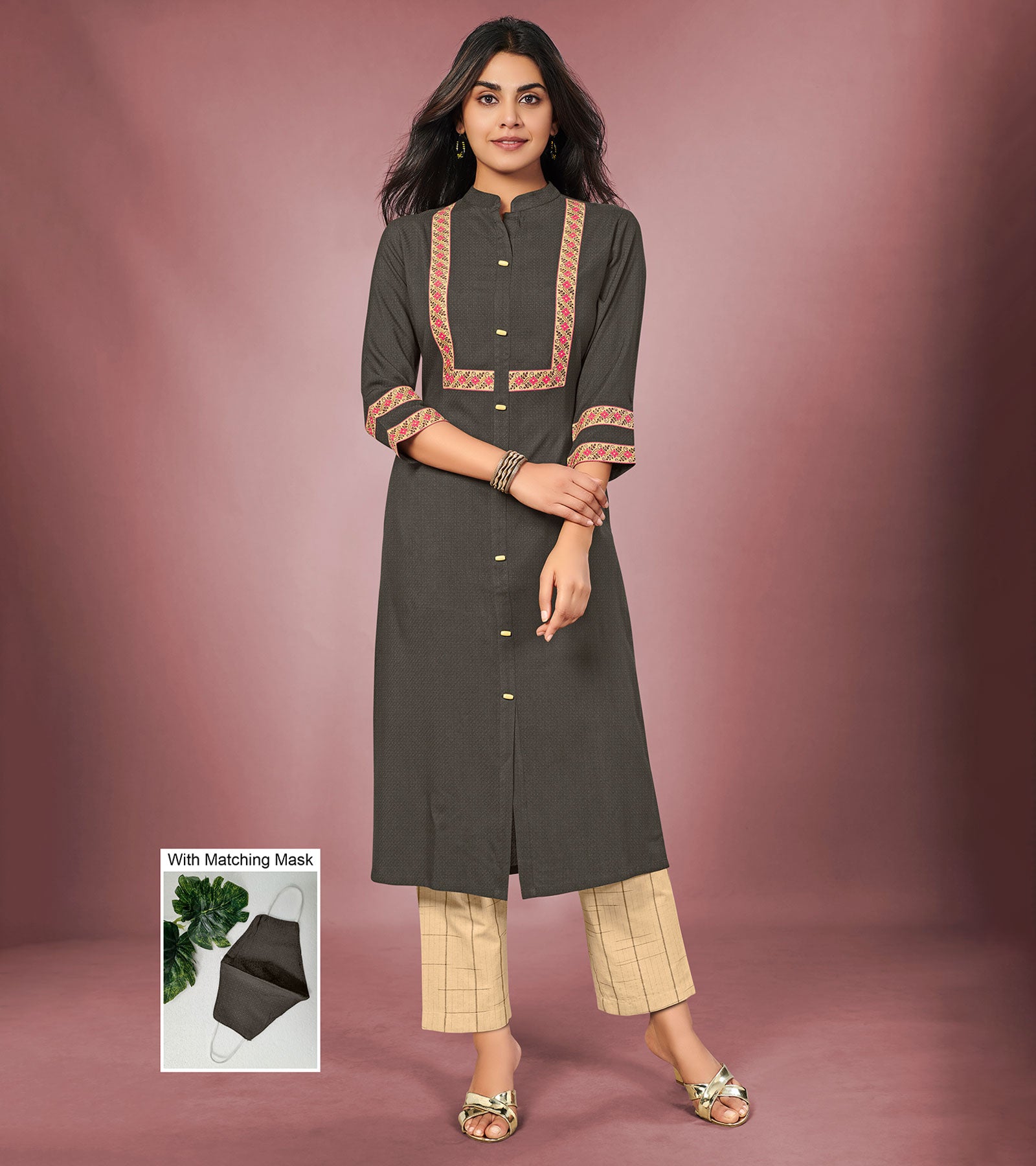 Laxmipati Cotton Viscose Natural Grey Straight Cut Kurti With Mask