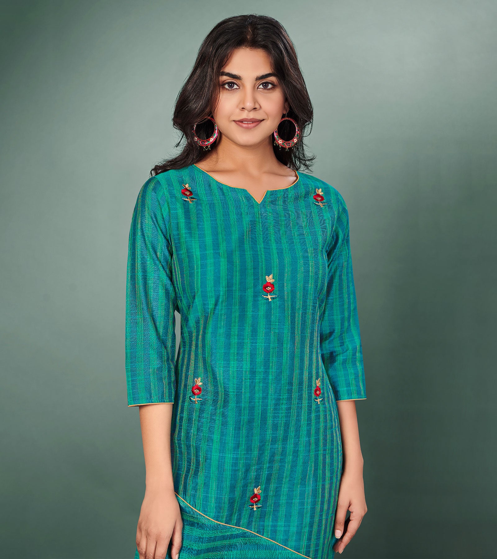 Laxmipati Cotton Silk Rama Green Straight Cut Kurti With Mask