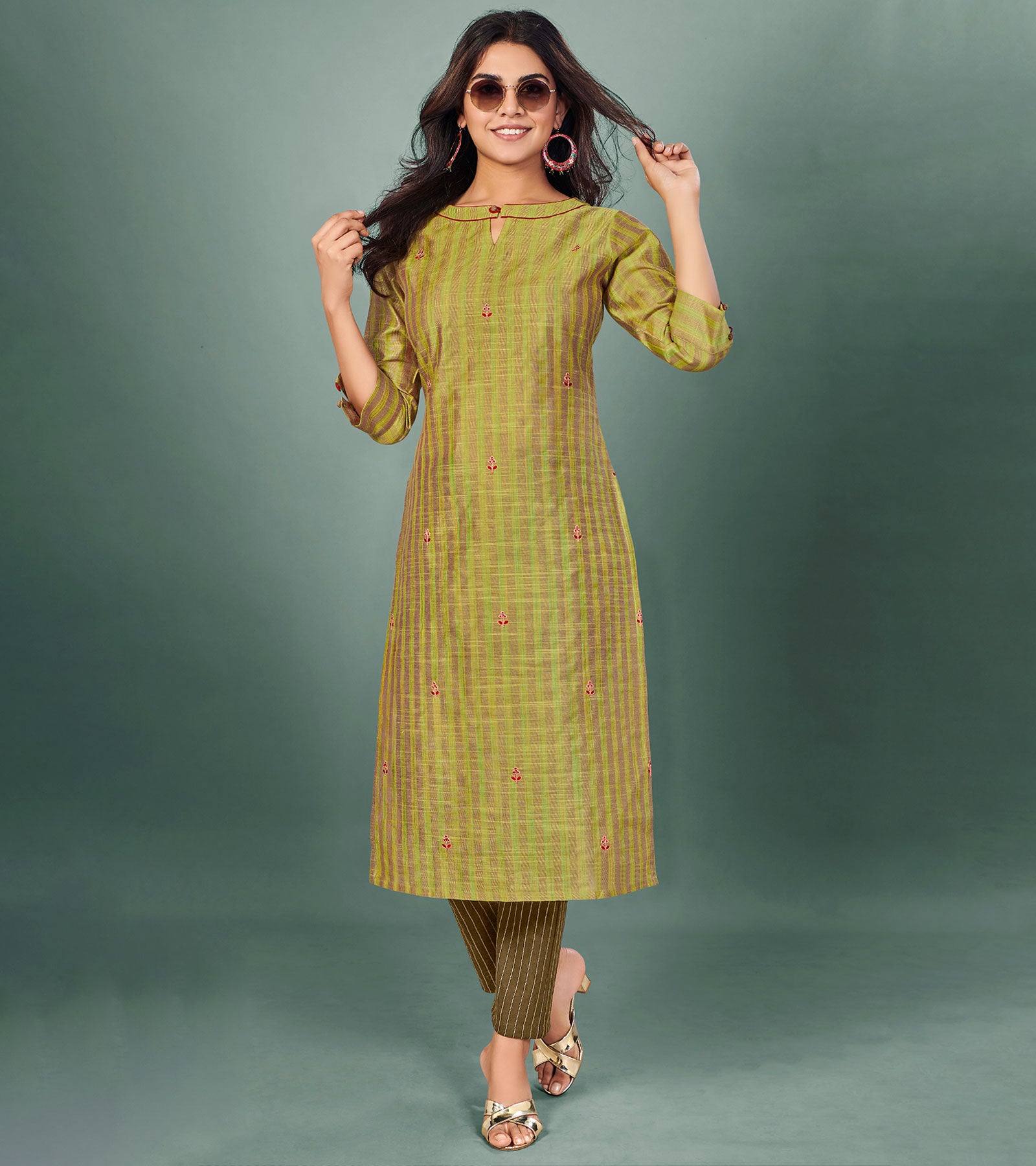 Laxmipati Cotton Silk Lime Green Straight Cut Kurti With Mask