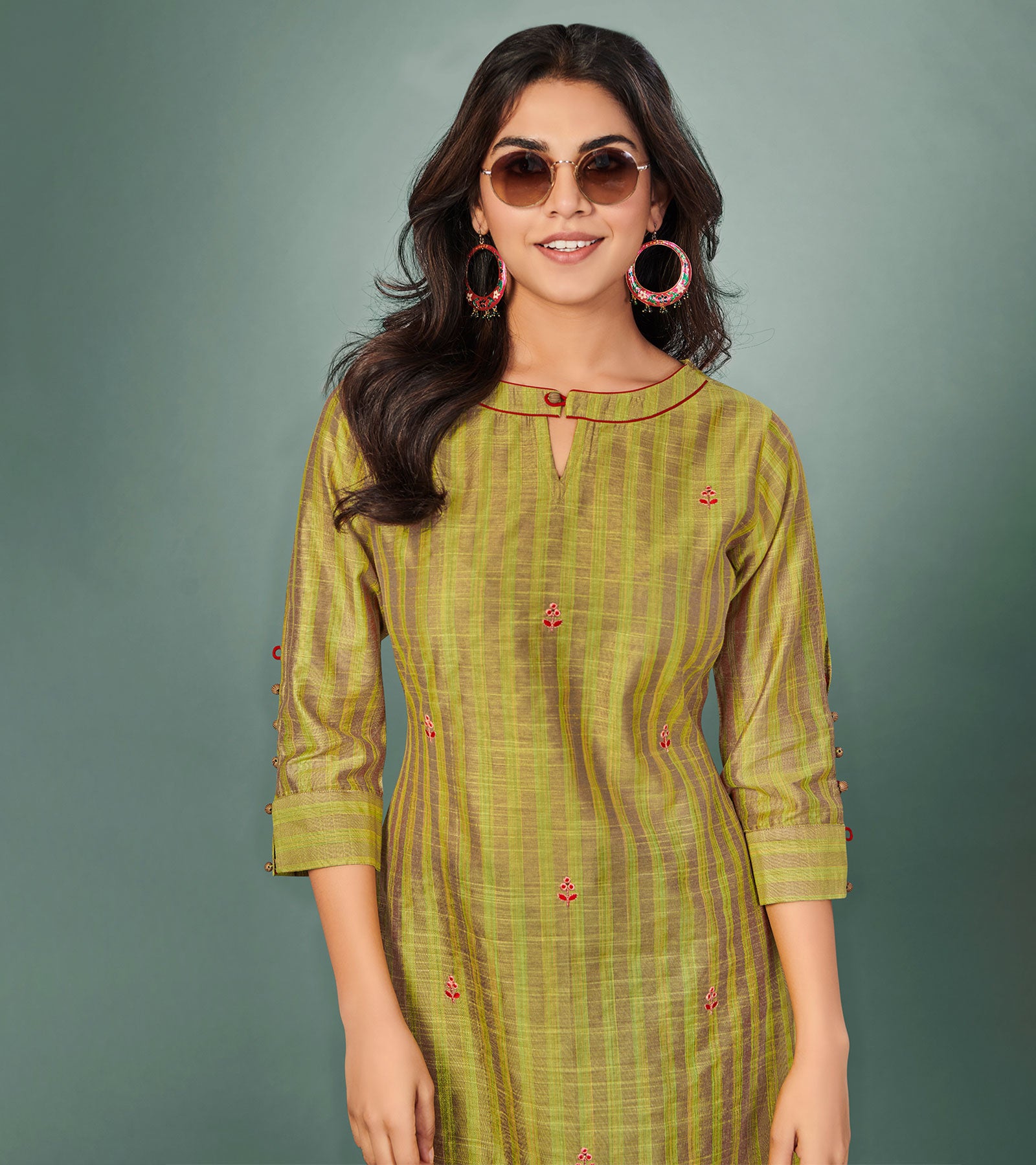Laxmipati Cotton Silk Lime Green Straight Cut Kurti With Mask