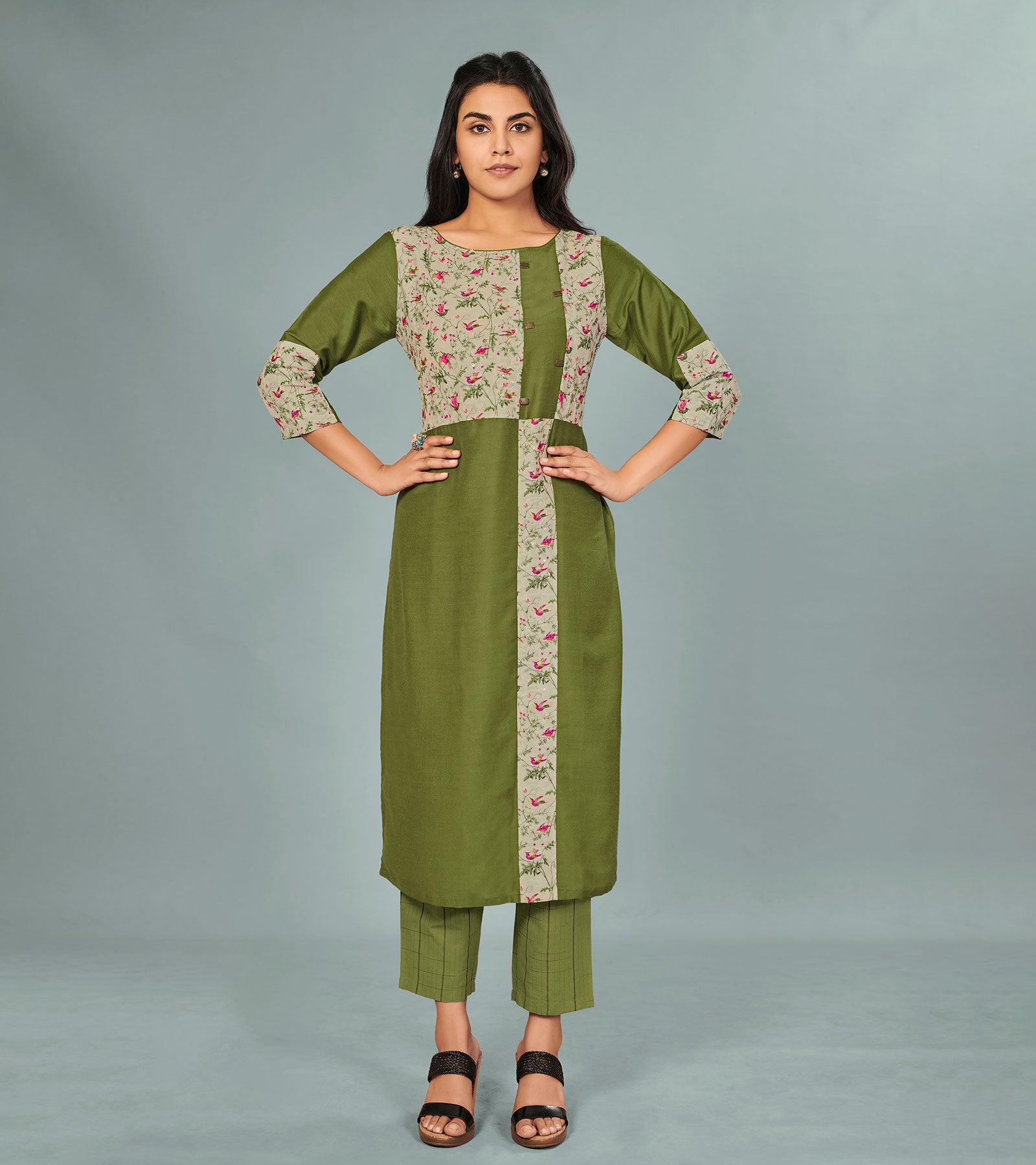 Laxmipati Viscose Mehandi Green Straight Cut Kurti With Mask