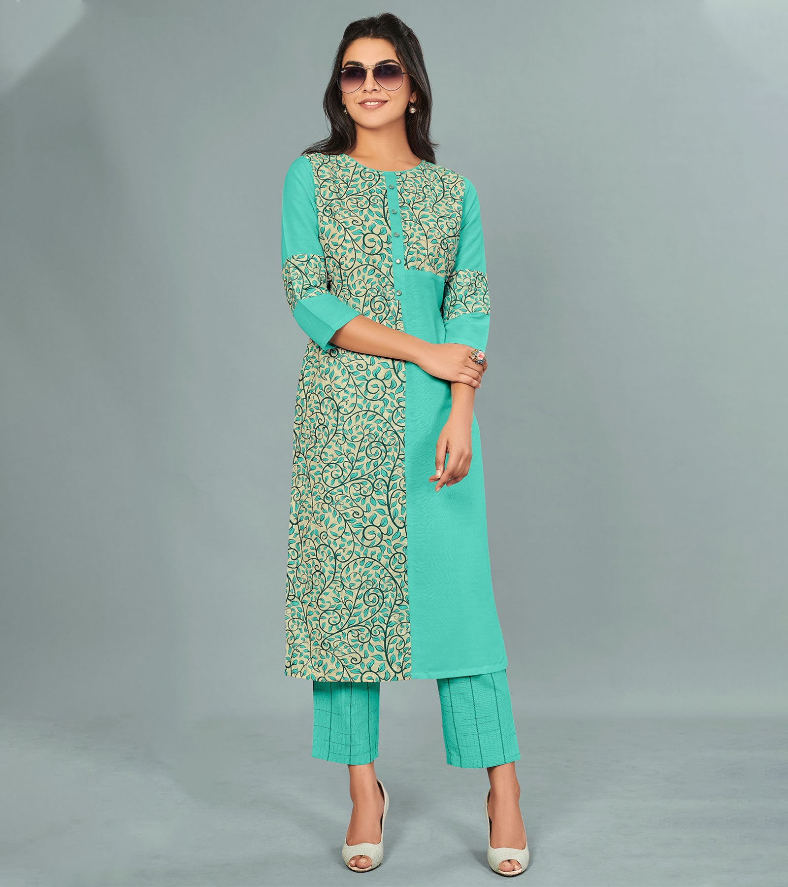 Laxmipati Viscose Sea Green Straight Cut Kurti With Mask