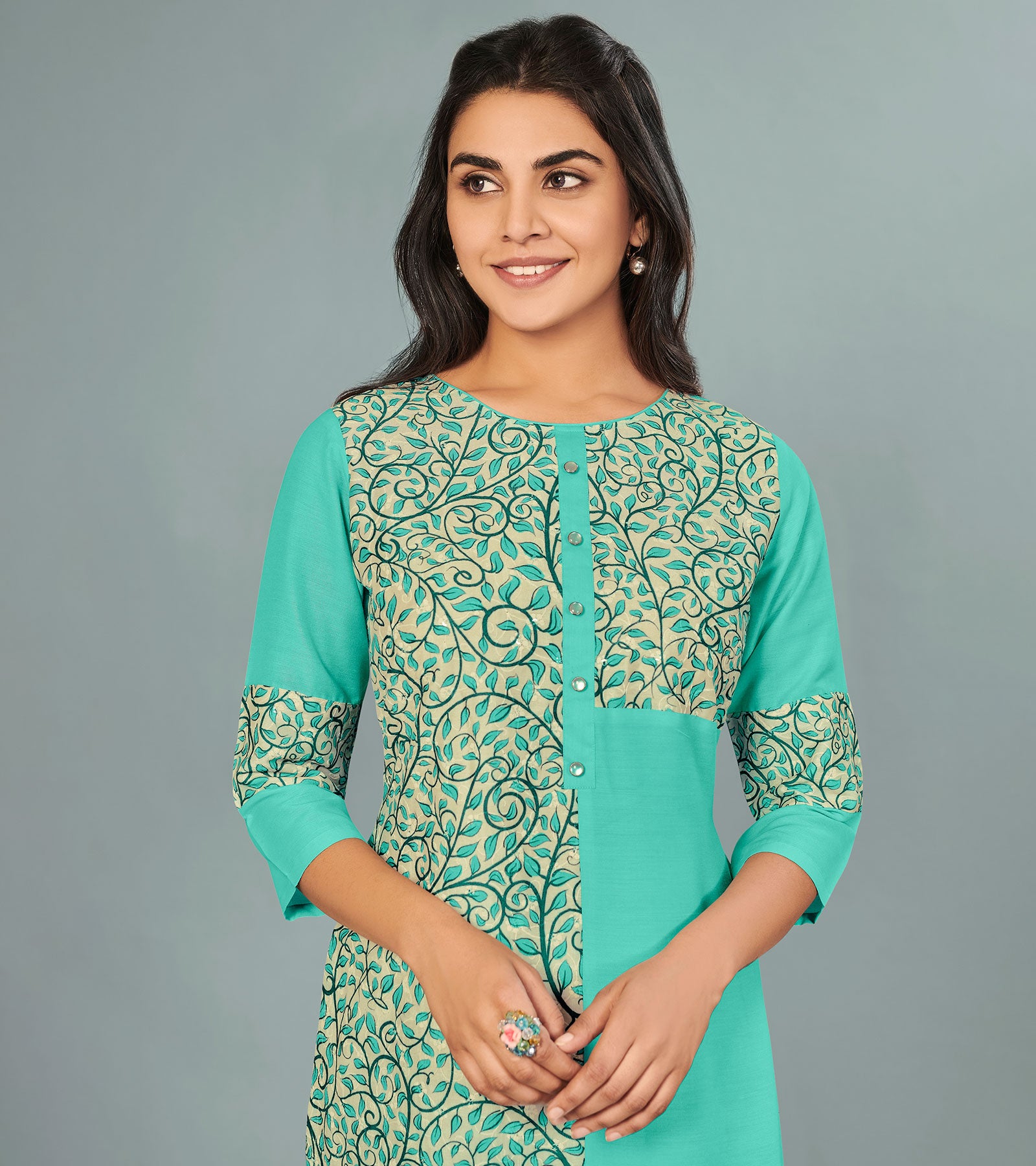Laxmipati Viscose Sea Green Straight Cut Kurti With Mask