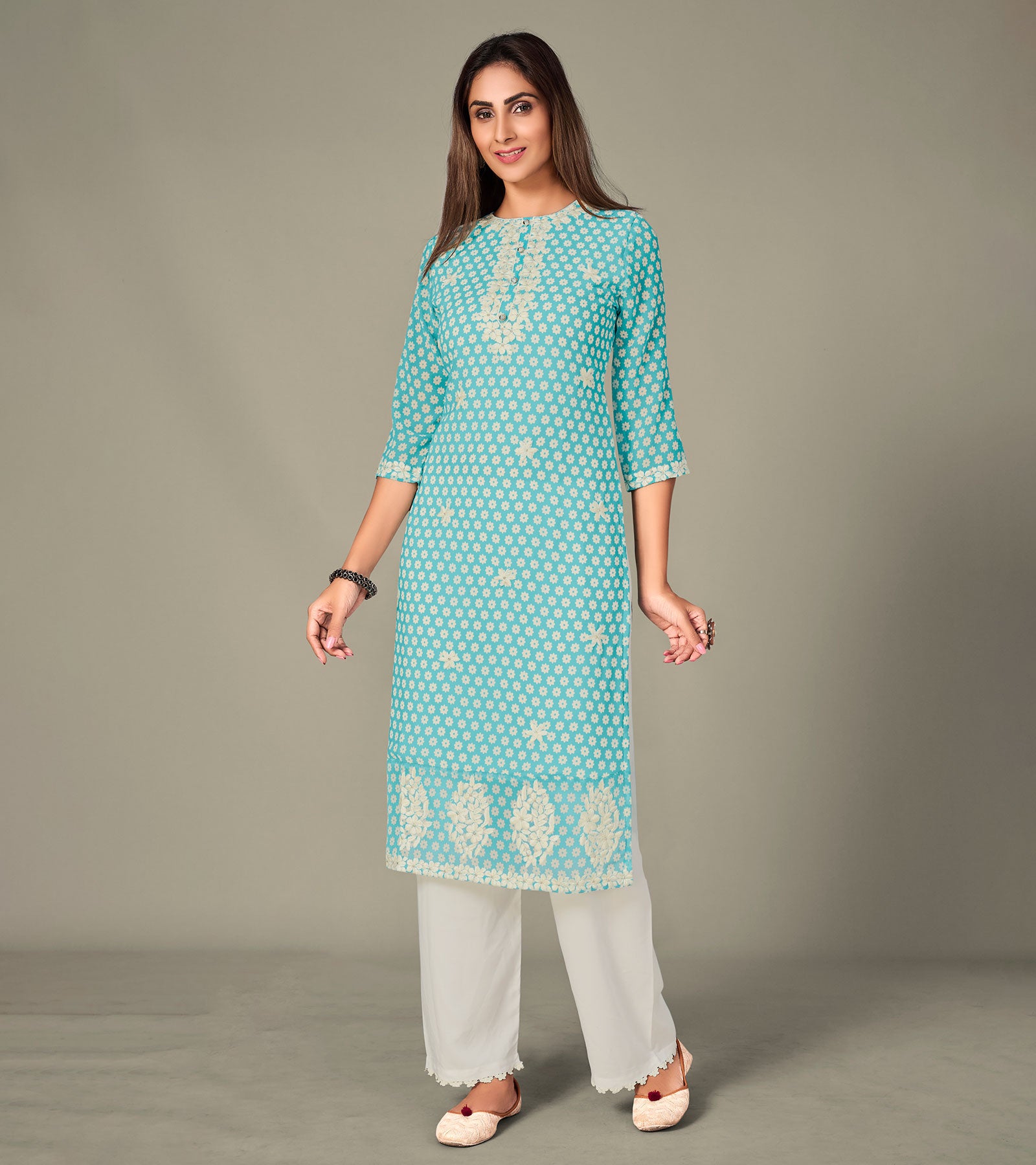 Laxmipati Georgate Blinking Blue Straight Cut Kurti With Palazzo & Mask