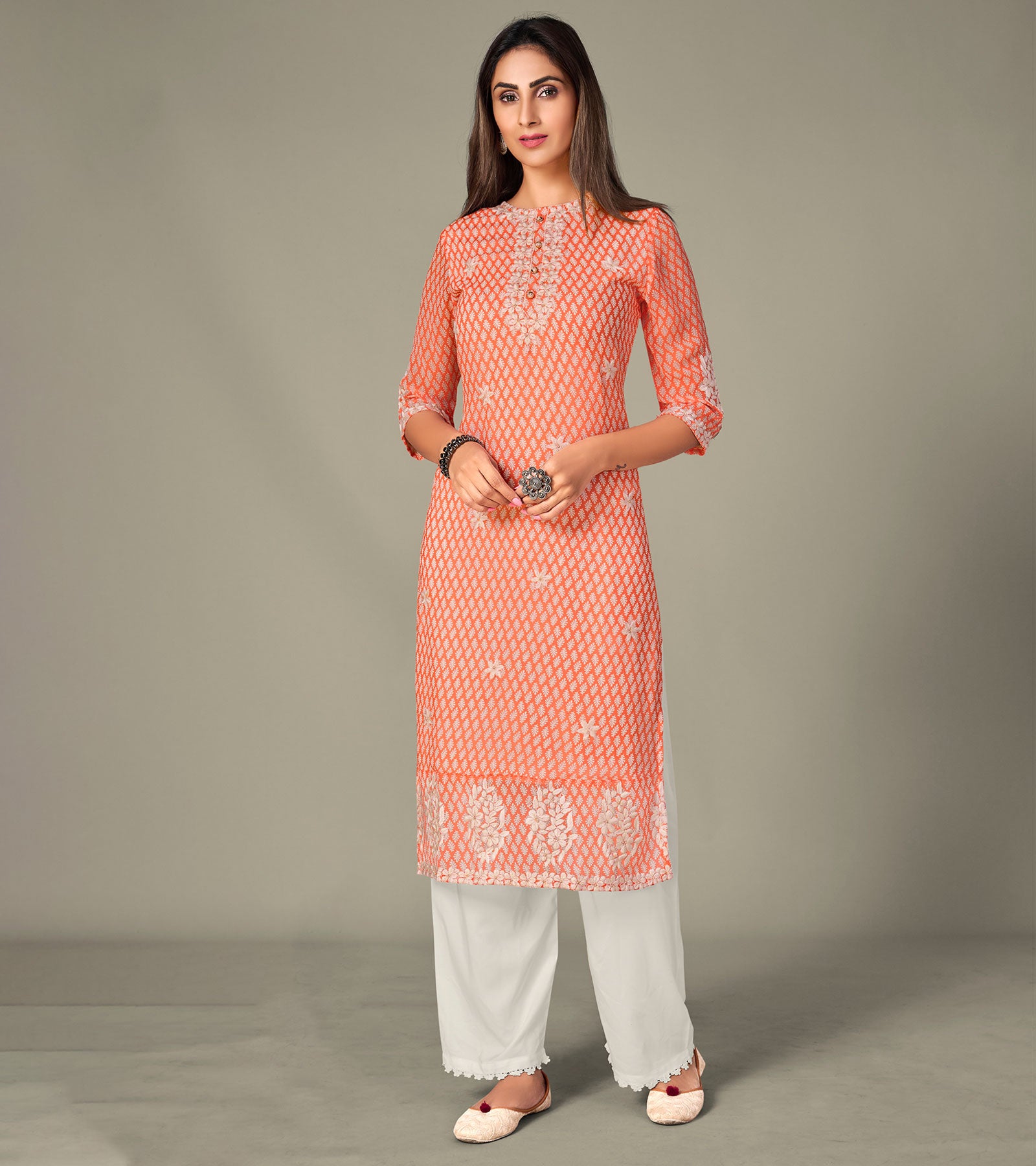 Laxmipati Georgate Tangy Red Straight Cut Kurti With Palazzo & Mask