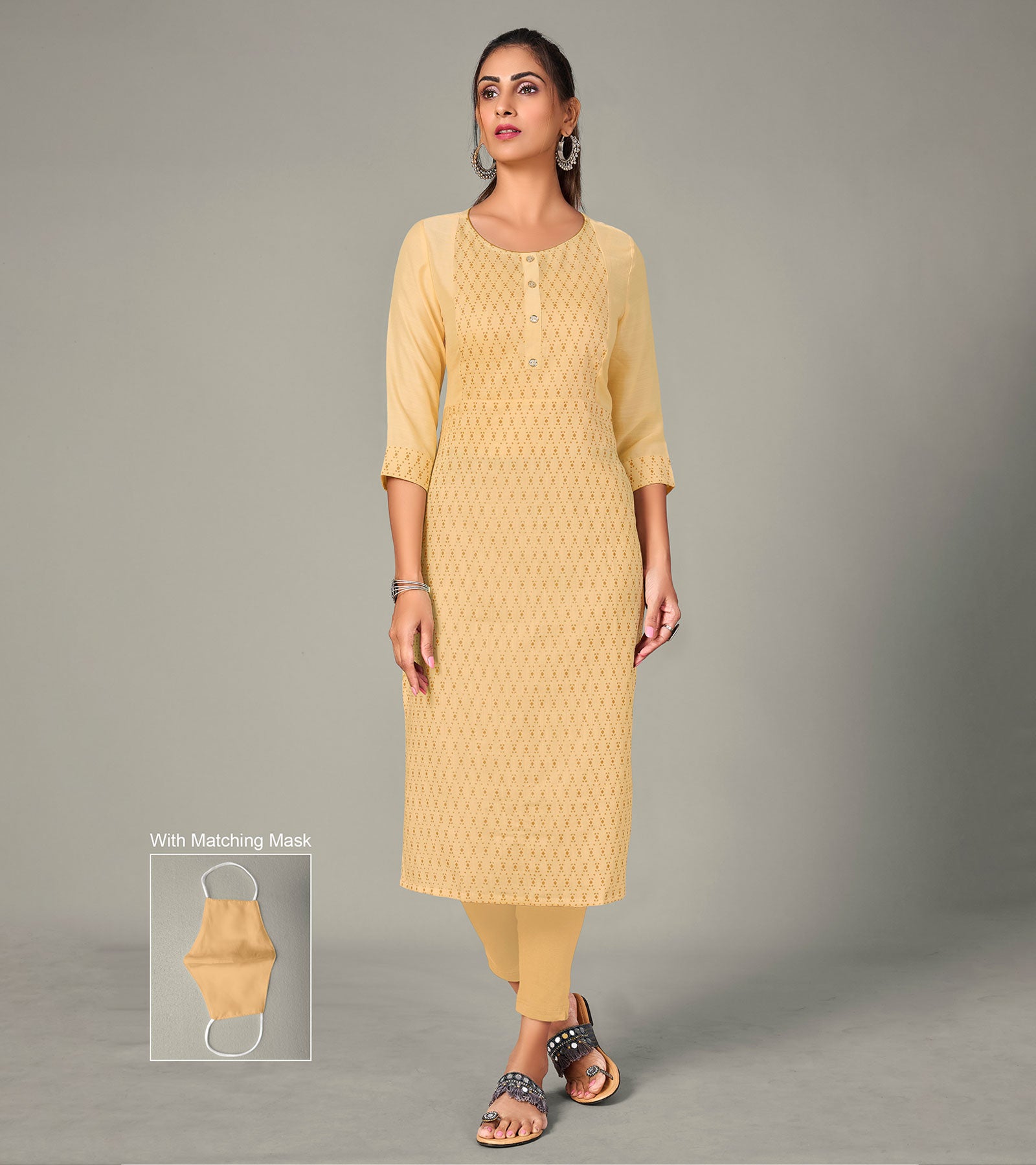 Laxmipati Spun Satin Orchid Yellow Straight Cut Kurti With Mask