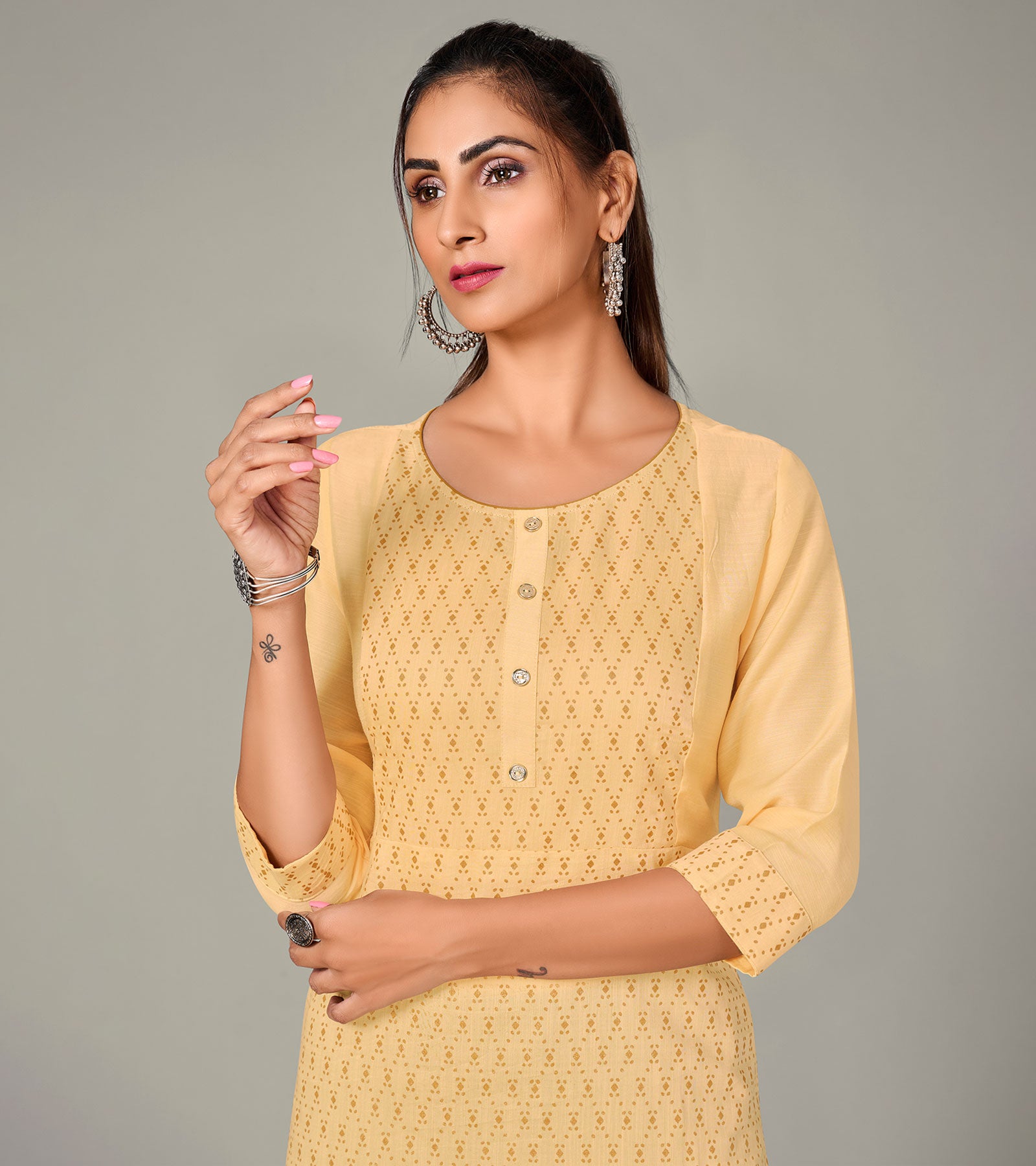 Laxmipati Spun Satin Orchid Yellow Straight Cut Kurti With Mask